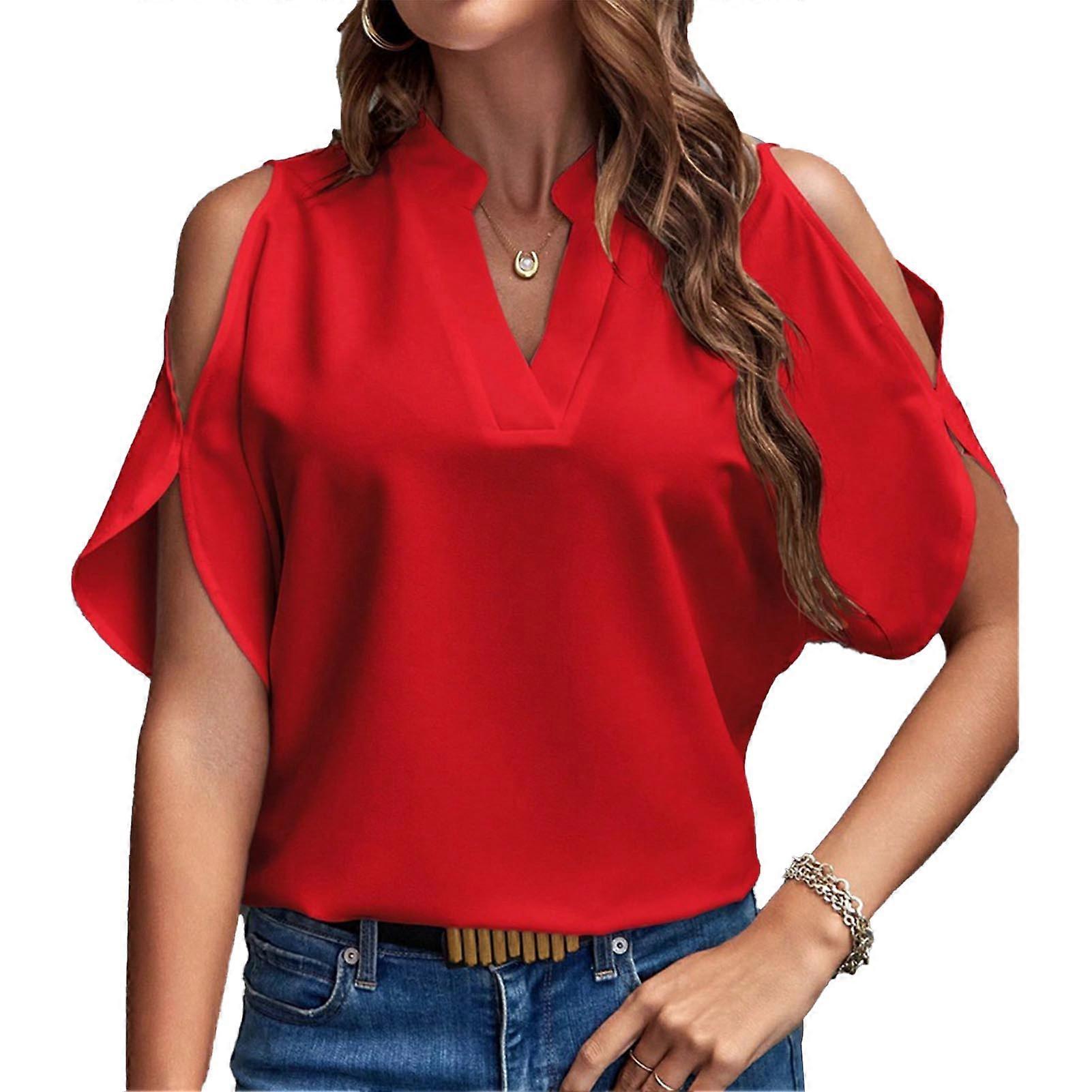 Cold Shoulder Blouse V Neck Solid Loose Short Sleeve Summer Red S