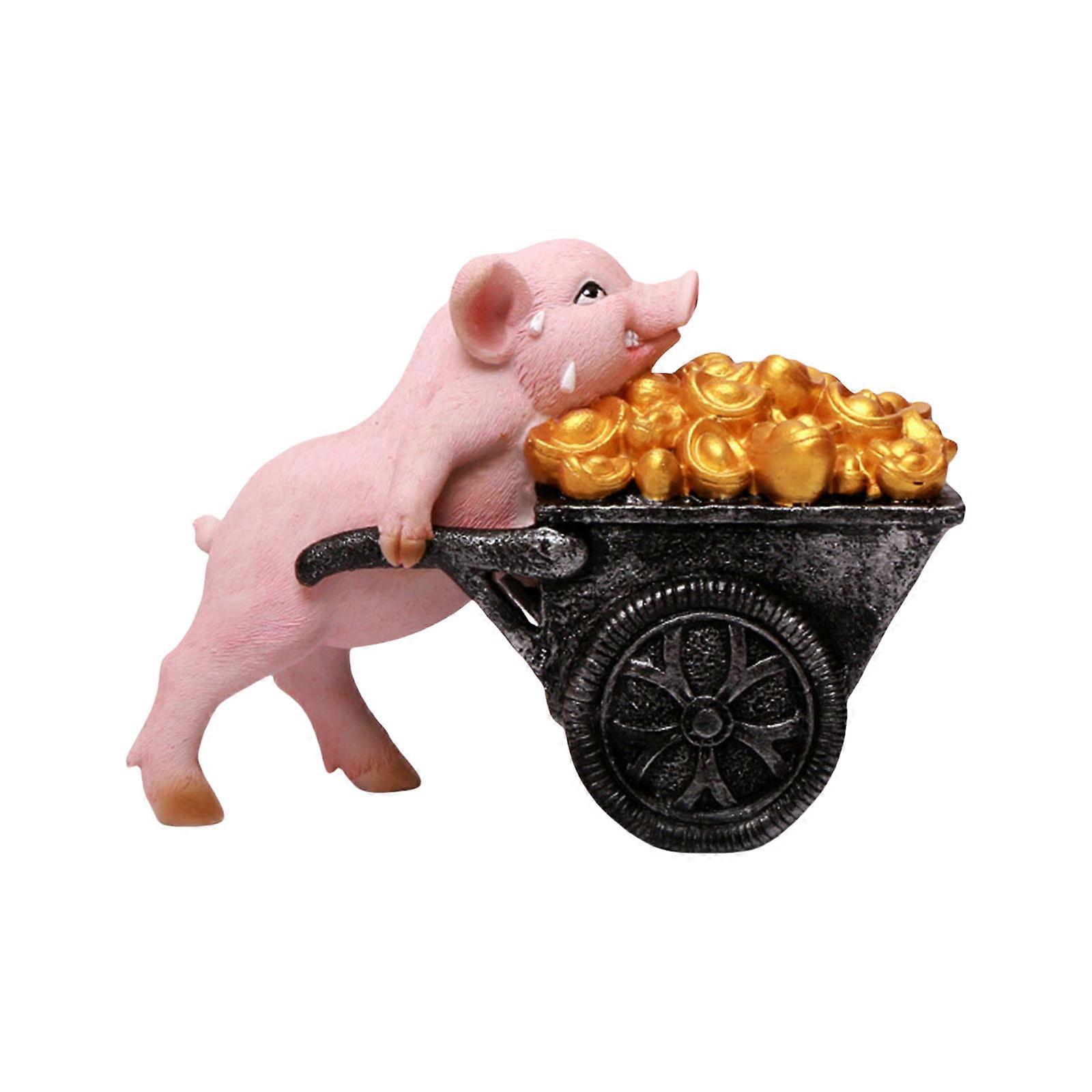 Handcrafts Piggy Animal Resins Figurine Miniature Ornament Funny Moving Cart Mining Pig Sculpture for Table Decoration