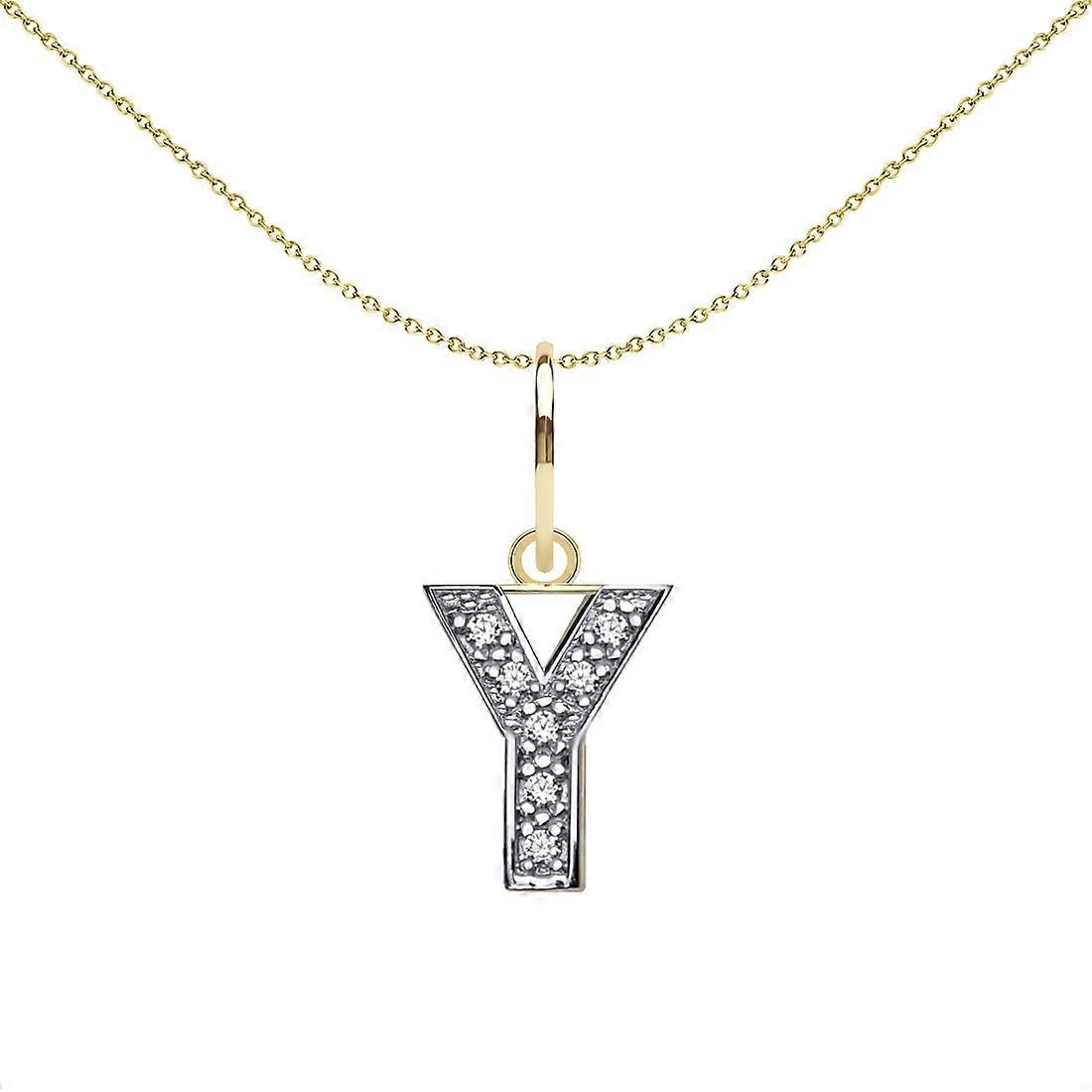 Jewelco London Solid 9ct Yellow and White Gold Cubic Zirconia 10mm San Serif Block Font Initial Charm Pendant, Letter Y