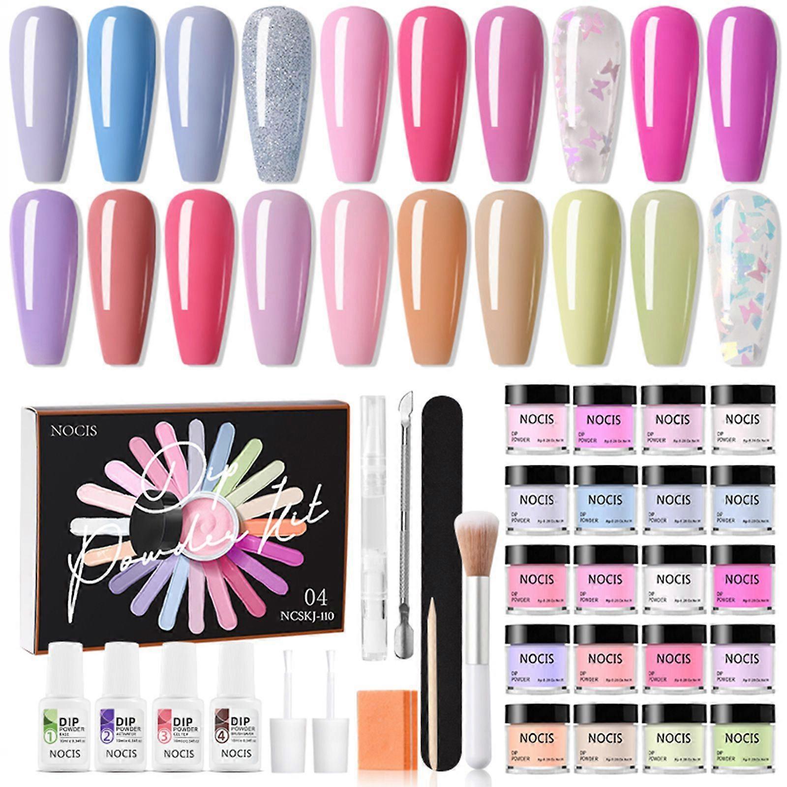 NOCIS 20 Colors Nail Dipping Powder Set Nail Art Dip Powder Starter Kit Fast-drying No UV/LED Nail Lamp Needed with Base Top Coat Activator Brush Save