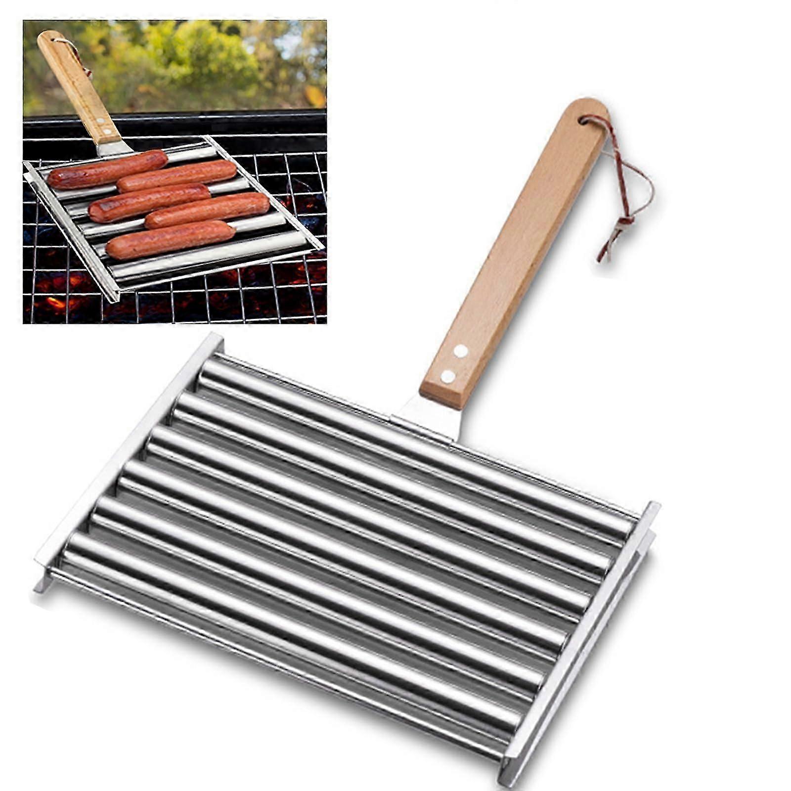 Barbekü Izgara için Uzun Sosisli Rulo Rulo, Eşit Aşçı Sosis Rulo Raf Paslanmaz Çelik Mısır ızgarası, Açık Hava Pişirme ve Ba için Çıkarılabilir Ahşap Saplı