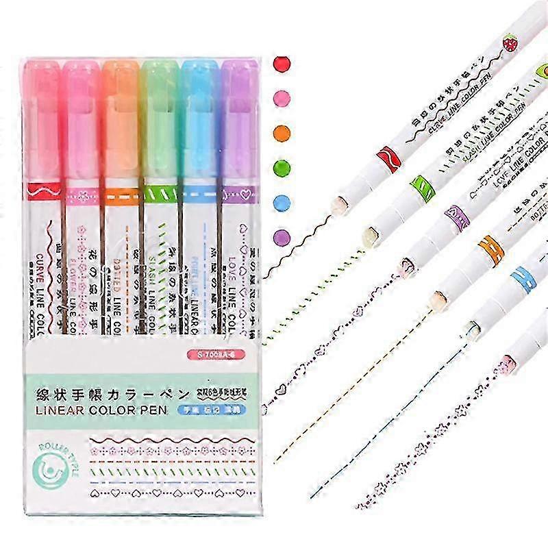 6-Piece Highlighter Set Featuring Colorful Curve Pens with Various Tip Shapes