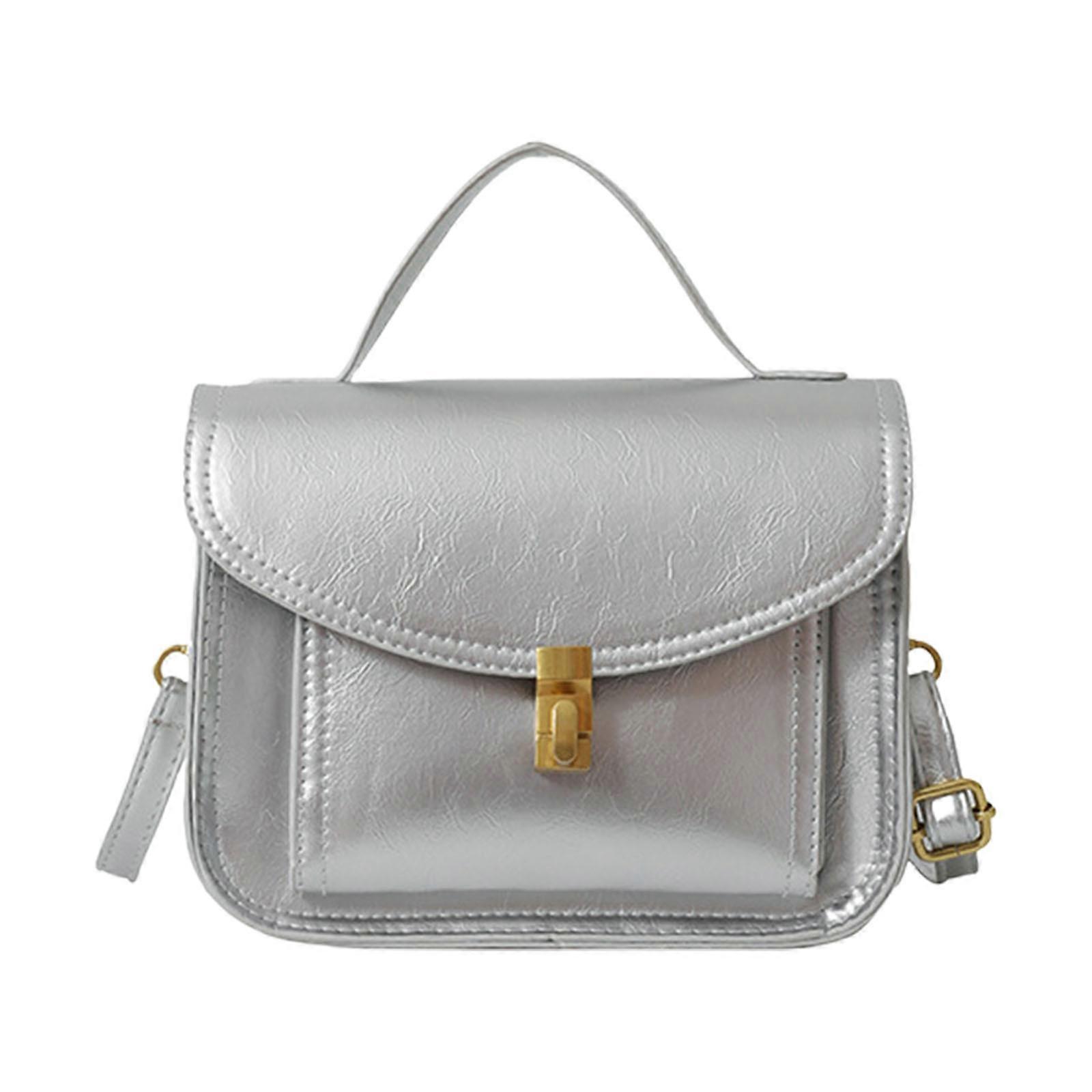 Retro Messenger Bag Soft Leather Shoulder Crossbody Purse Simple Handheld Small Square Bags with Adjustable Strap Silver