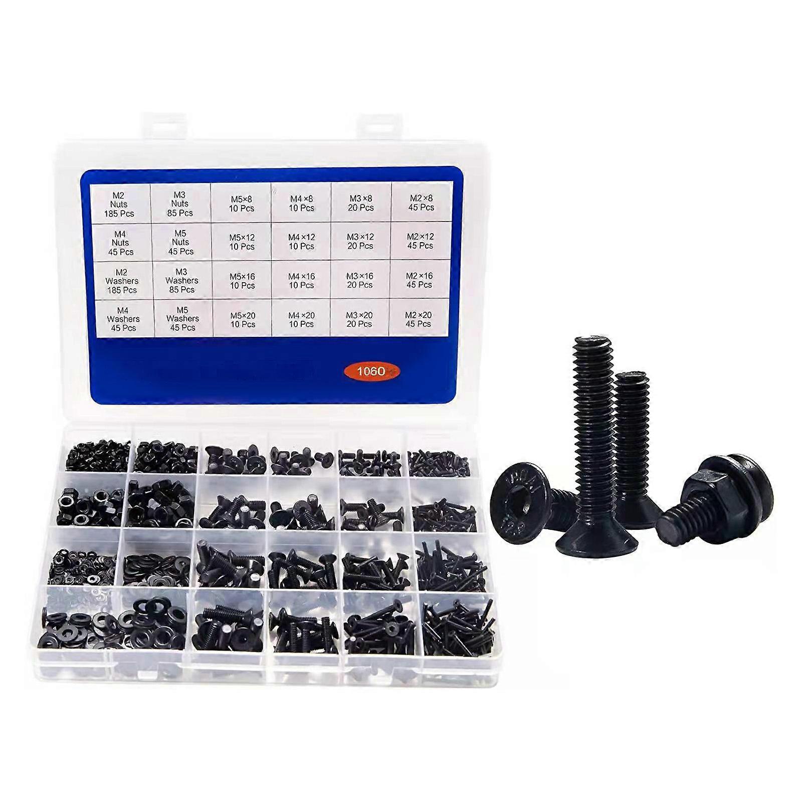 1030/1060pcs Flat Hexagon Head Socket Caps Screws Bolt Nut Washers Hexagon Socket Flat Head Countersunk Bolt Screw Nut