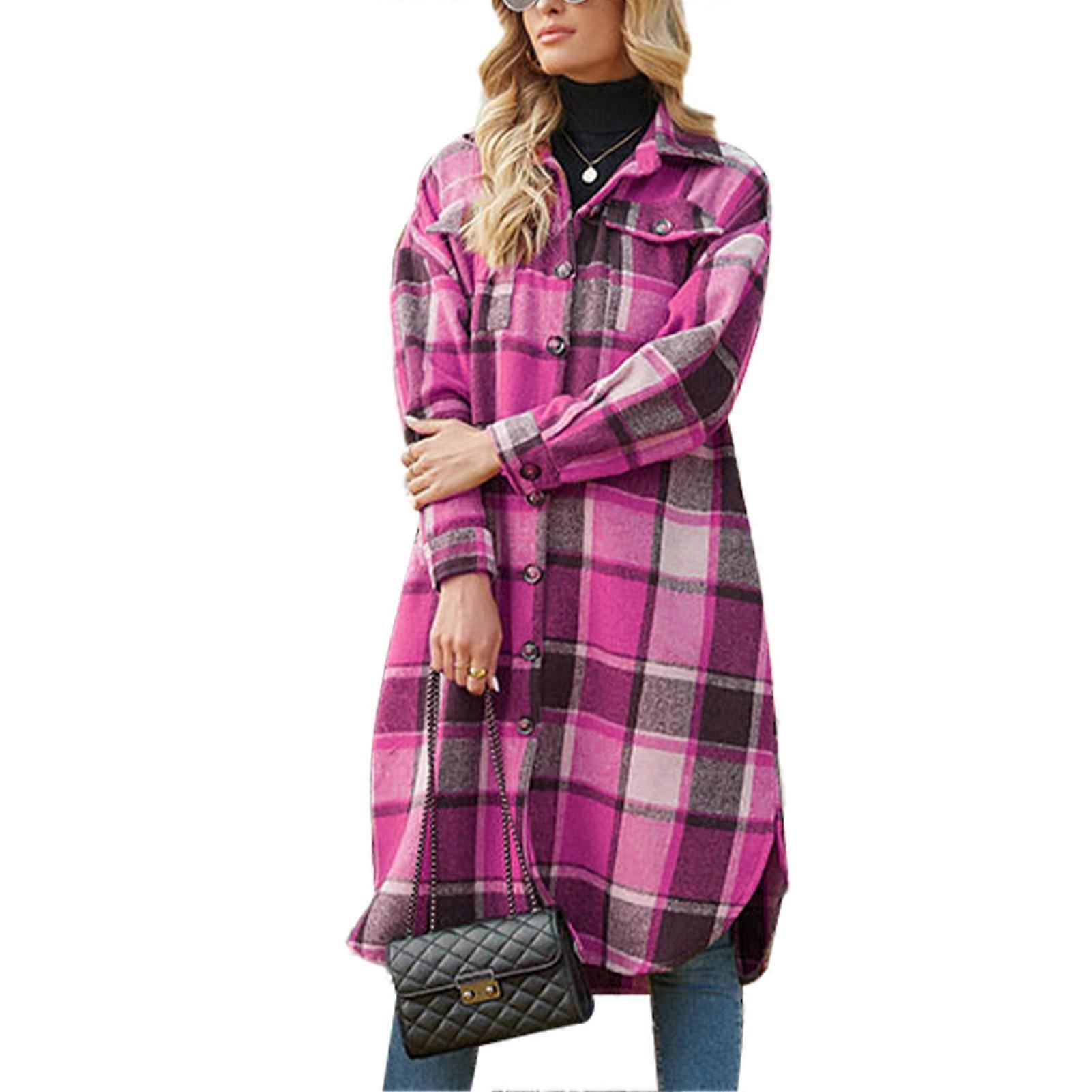 Women Coat Plaid Printed Split Hem Turn Down Collar Single Row Button Loose Pocketed Shacket