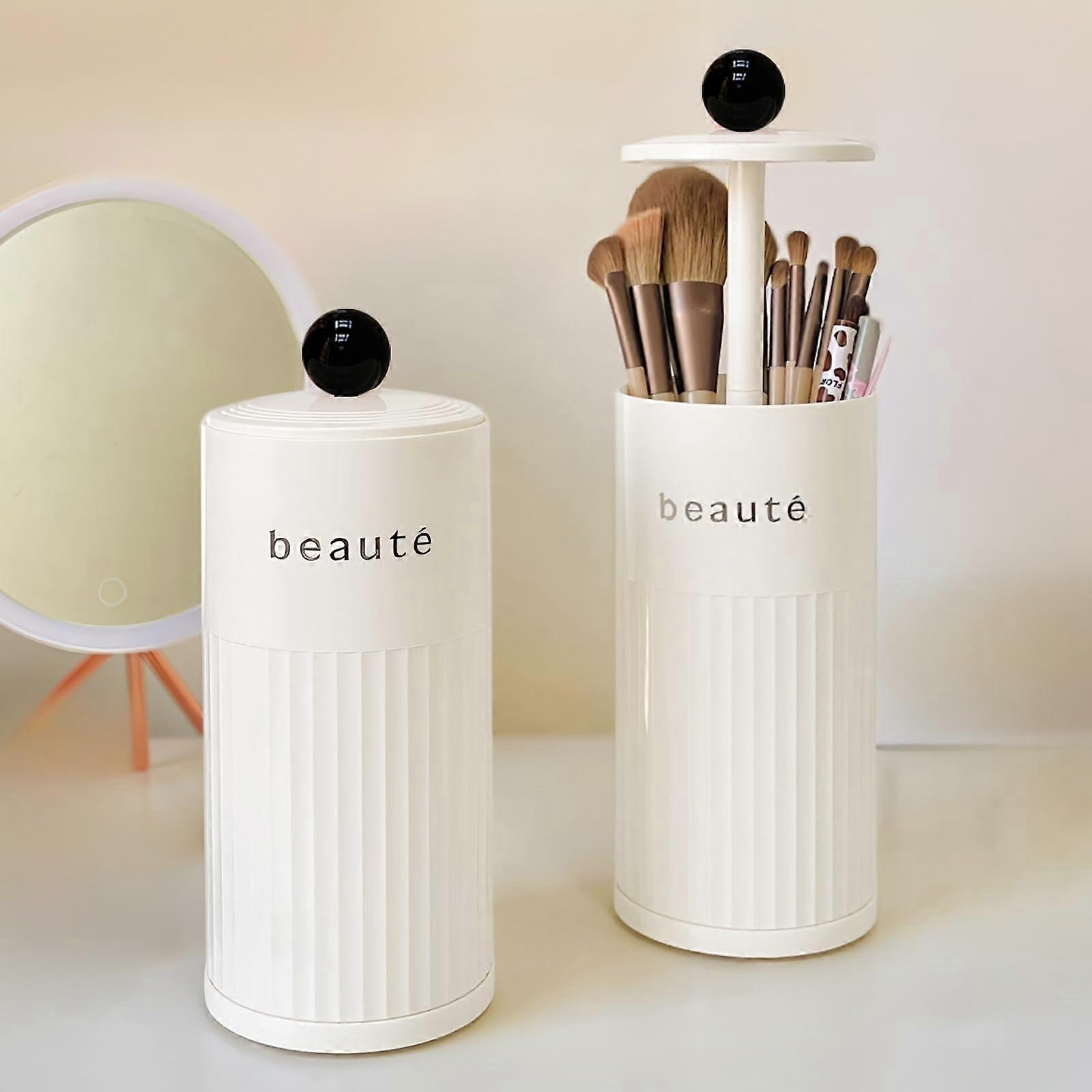 Makeup Brush Holder with Lid, Dustproof 4 Slot Storage Case for Vanity and Desk, One Touch Open Design