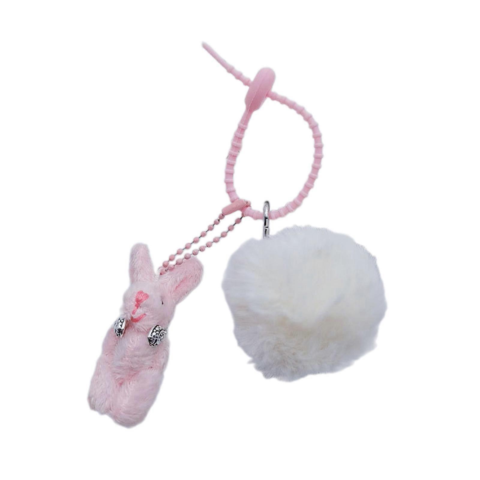 Lovely Plush Ball Rabbit Pendant Keychain Cable Tie Keyring Soft Silicone Hand Strap Keychain Bag Accessory Keys Holder White