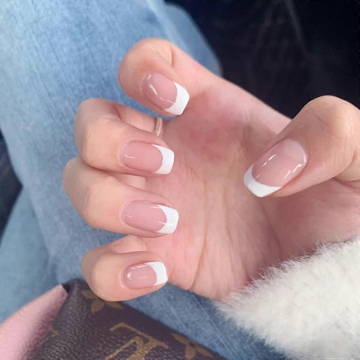 24 Pcs Short False Nails Square,White French Nails Pattern
