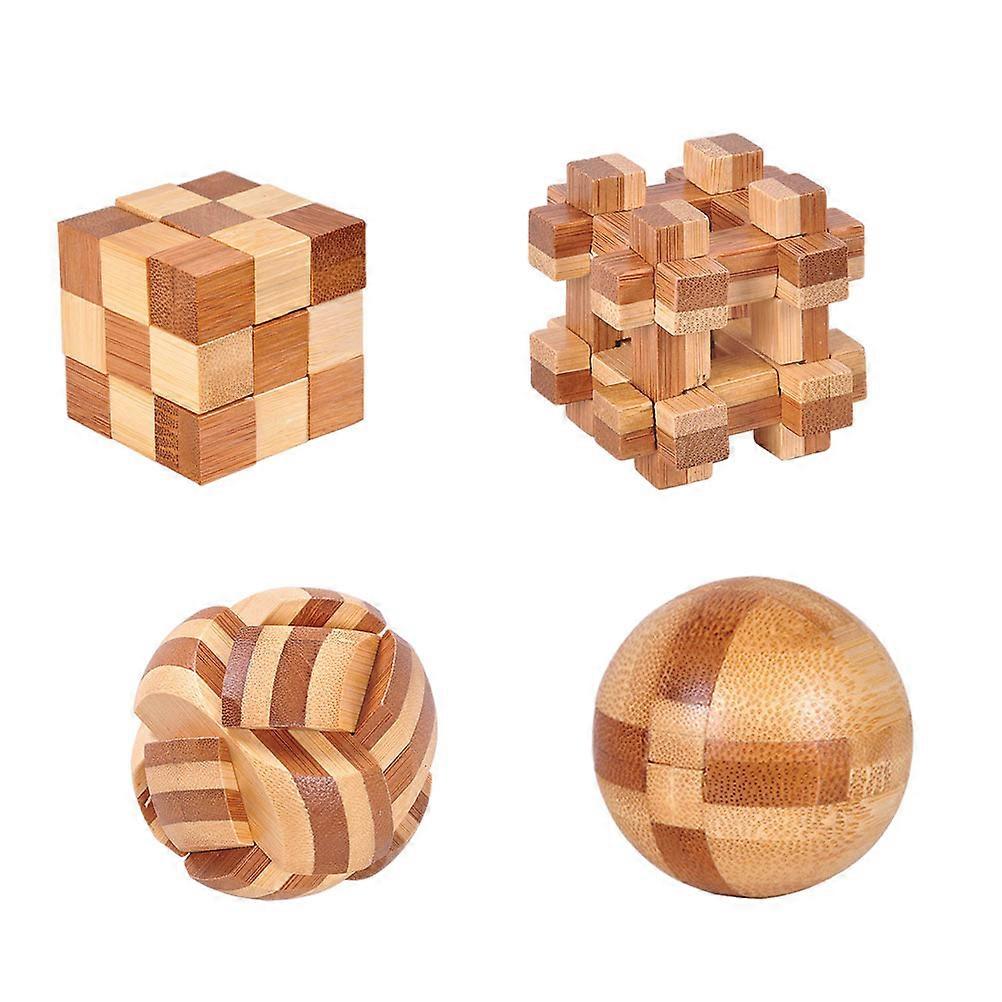 4pcs Bamboo Brain Teaser Puzzle Set for Adults – Enhances Logic, Dexterity & Parent Child Interaction, Stress Relief Toy