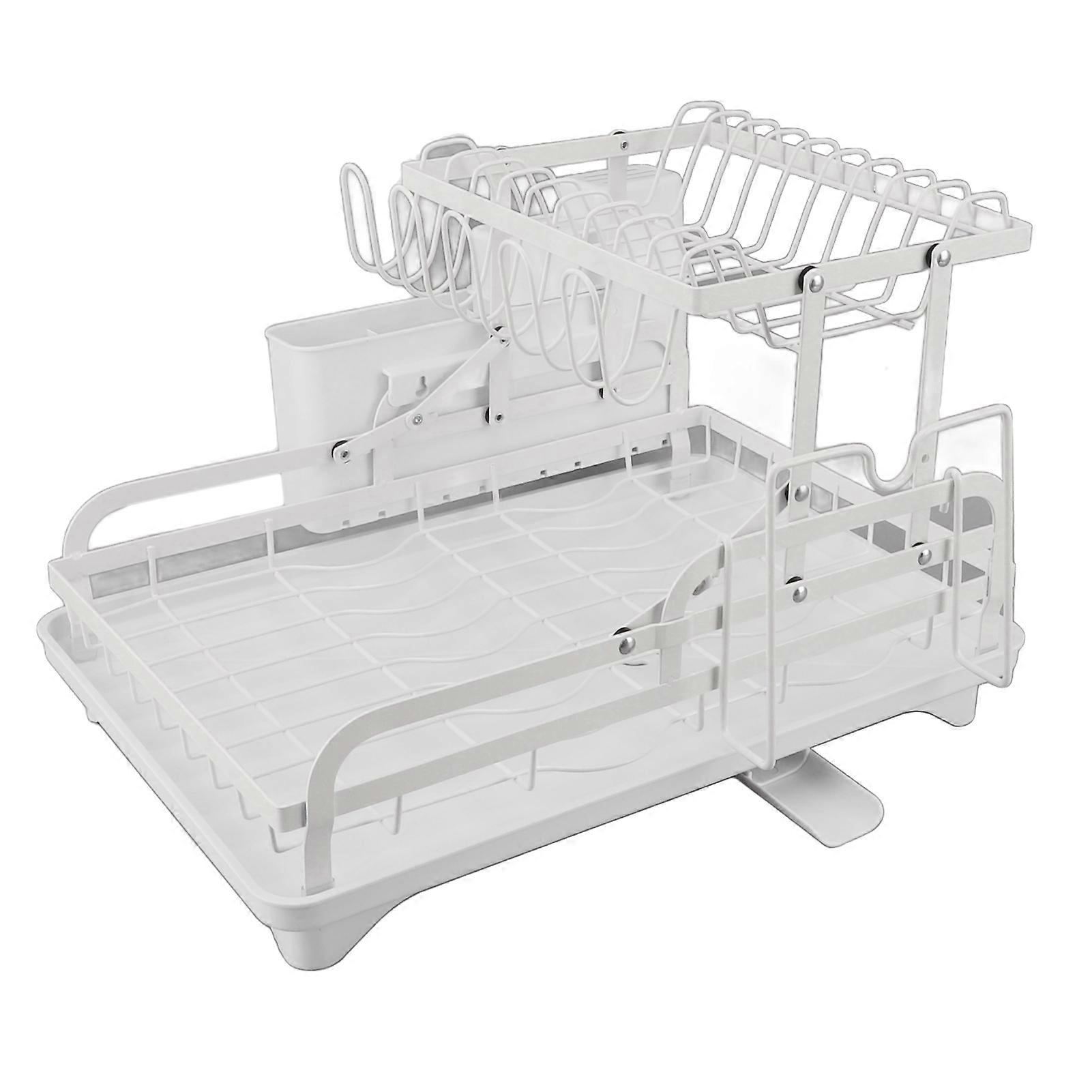 Dish Drying Rack Folding 2 Tier Multipurpose Easy Storage Dish Dryer Rack for Kitchen Countertop White 