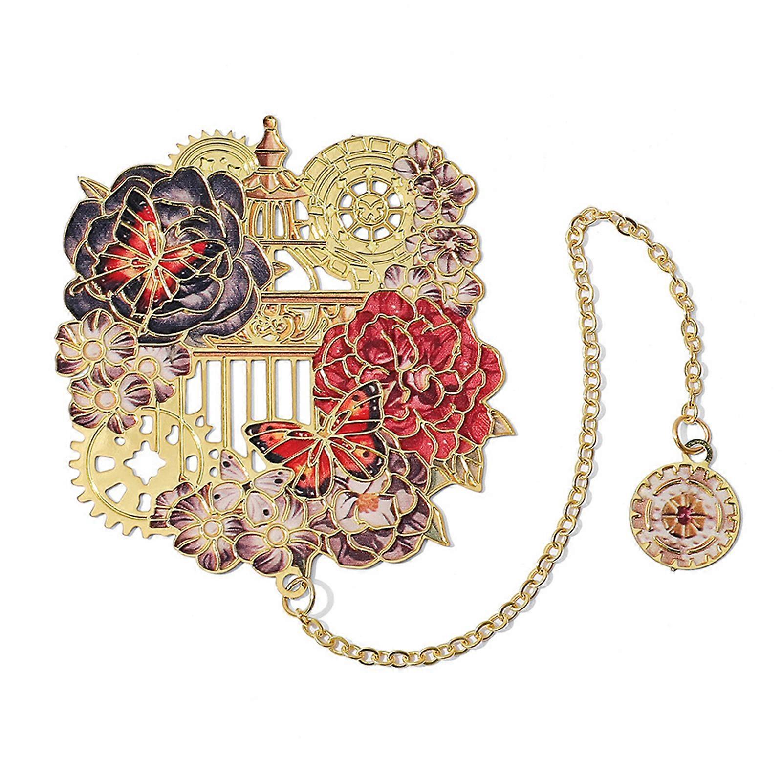 Retro Bookmarks Flower & Clock Bookmarks with Pendant Chain Page Markers Stylish Reading Bookmarks Creative Bookmarks