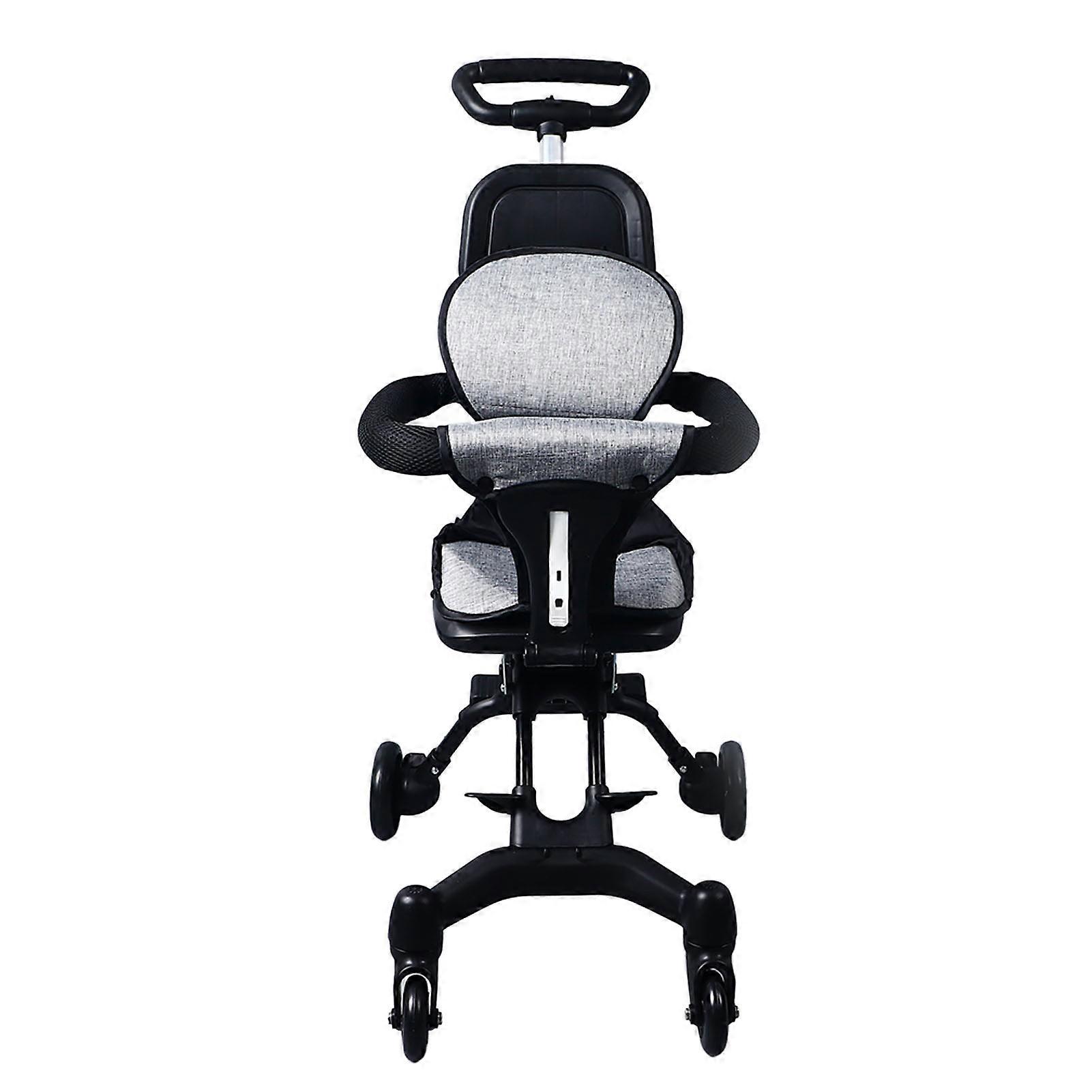 Poussette bébé 4 roues arrière double frein réglable en hauteur pliable avec coussin moelleux gris