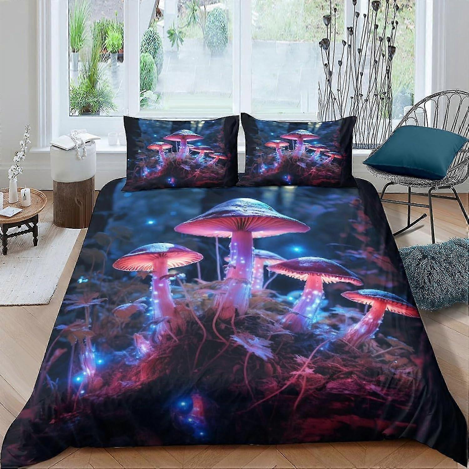Fantasy Mushrooms Duvet Cover Microfiber Bedding Set, 3D Print Fairy Forest Duvet Quilt Cover & Pillowcase, Zipper Closure, Soft for All
