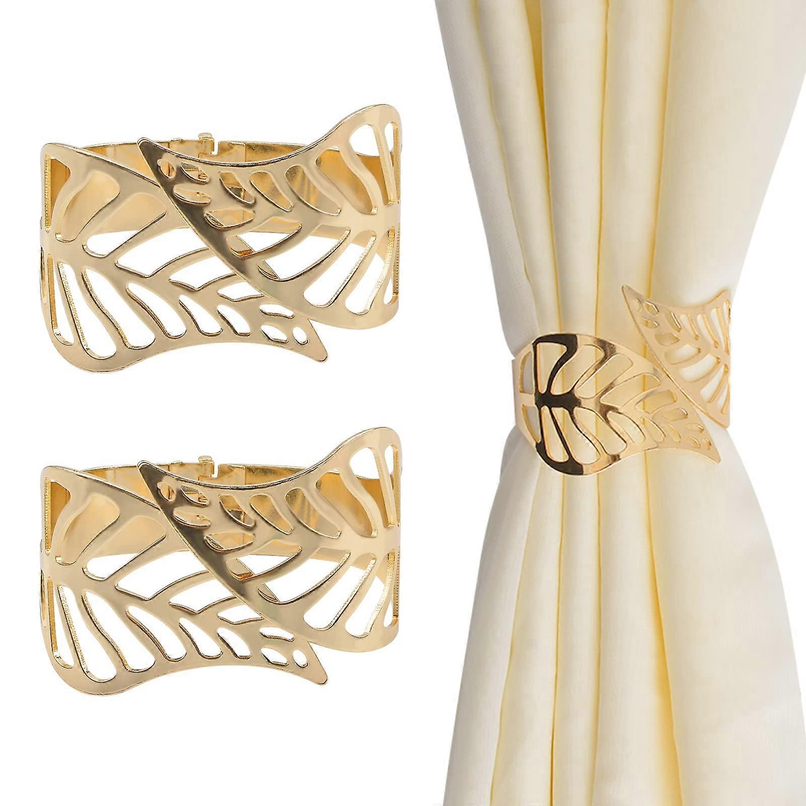 Curtain Tiebacks 2 Pieces, Gold Metal Creative Rope Buckles with Hollow Leaf Design for Home Office Drape Holders