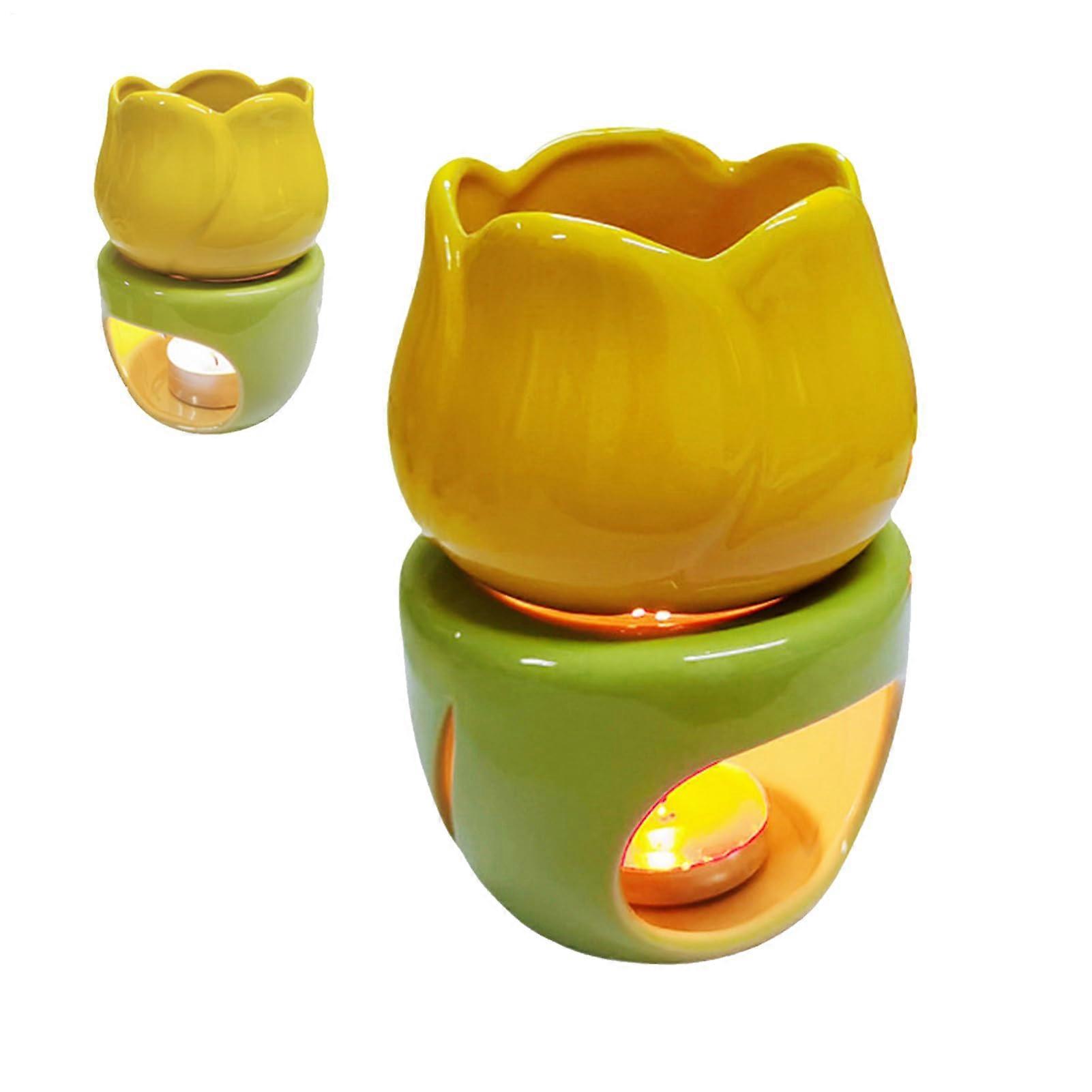 Tealiight Candle Holder | Unique Flower-Shaped Aromatherapy Oil Diffuser | Ceramic Scent Warmer with Spoon | Home Decoration in Yellow