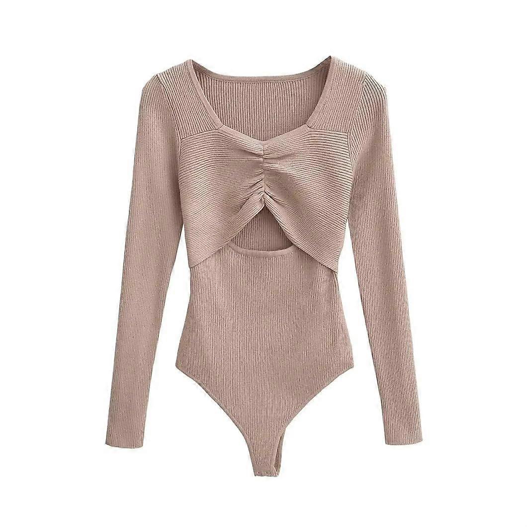 Damen jumpsuits with square collar, solid color, ribbed knit, pleats, hollow out, , long sleeve khaki S