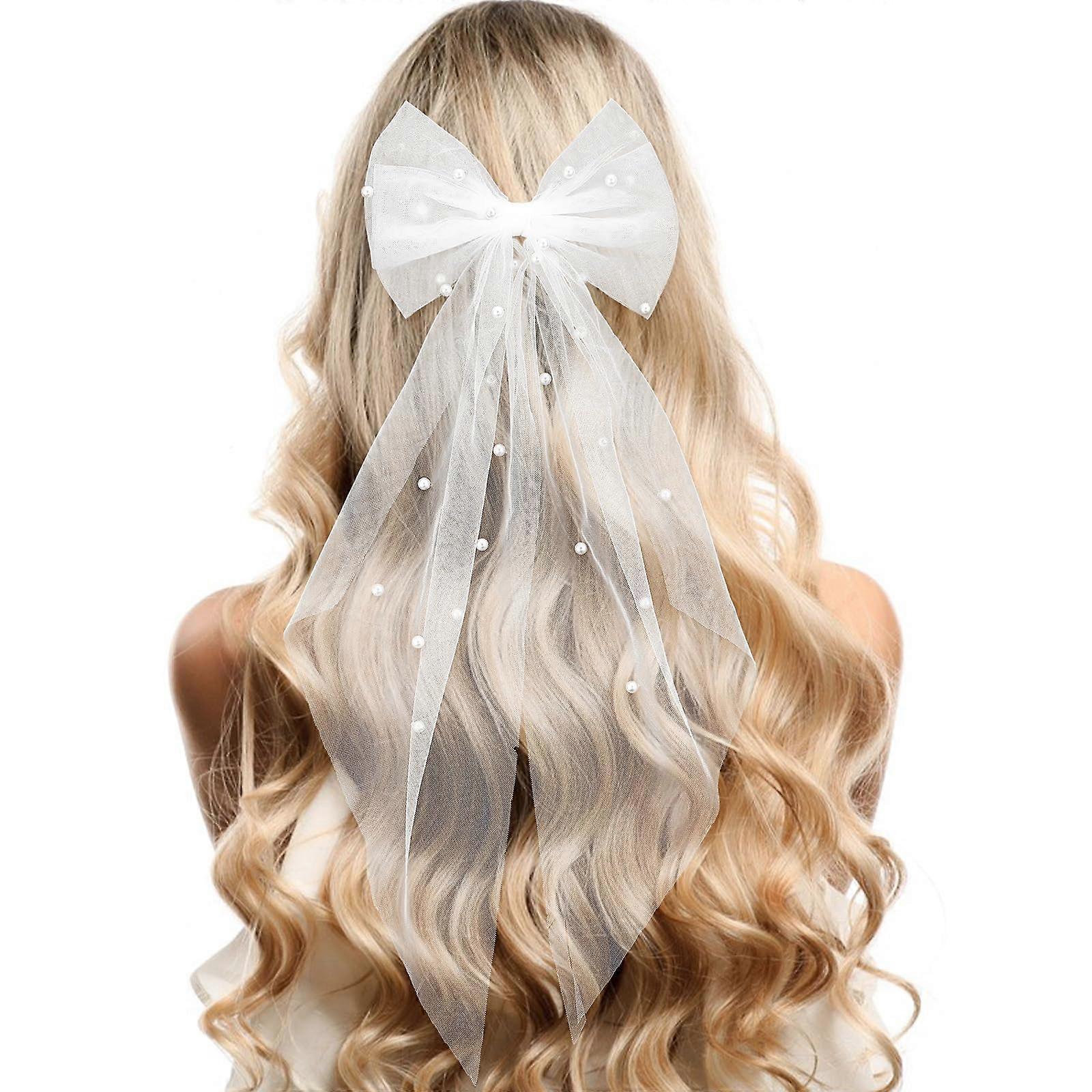 Hair Bow Pack Of 2 White Pearl Veil Bows For Bridal Wedding  display picture 3
