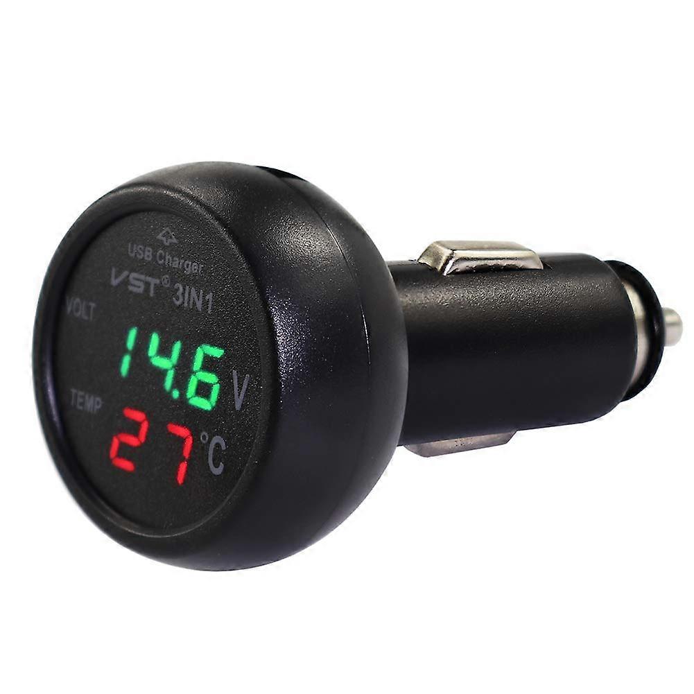 Car Charger 3 in 1 USB with LED Indicator, Voltmeter, and Temperature Tester, Red and Blue Color, Compatible with All Devices