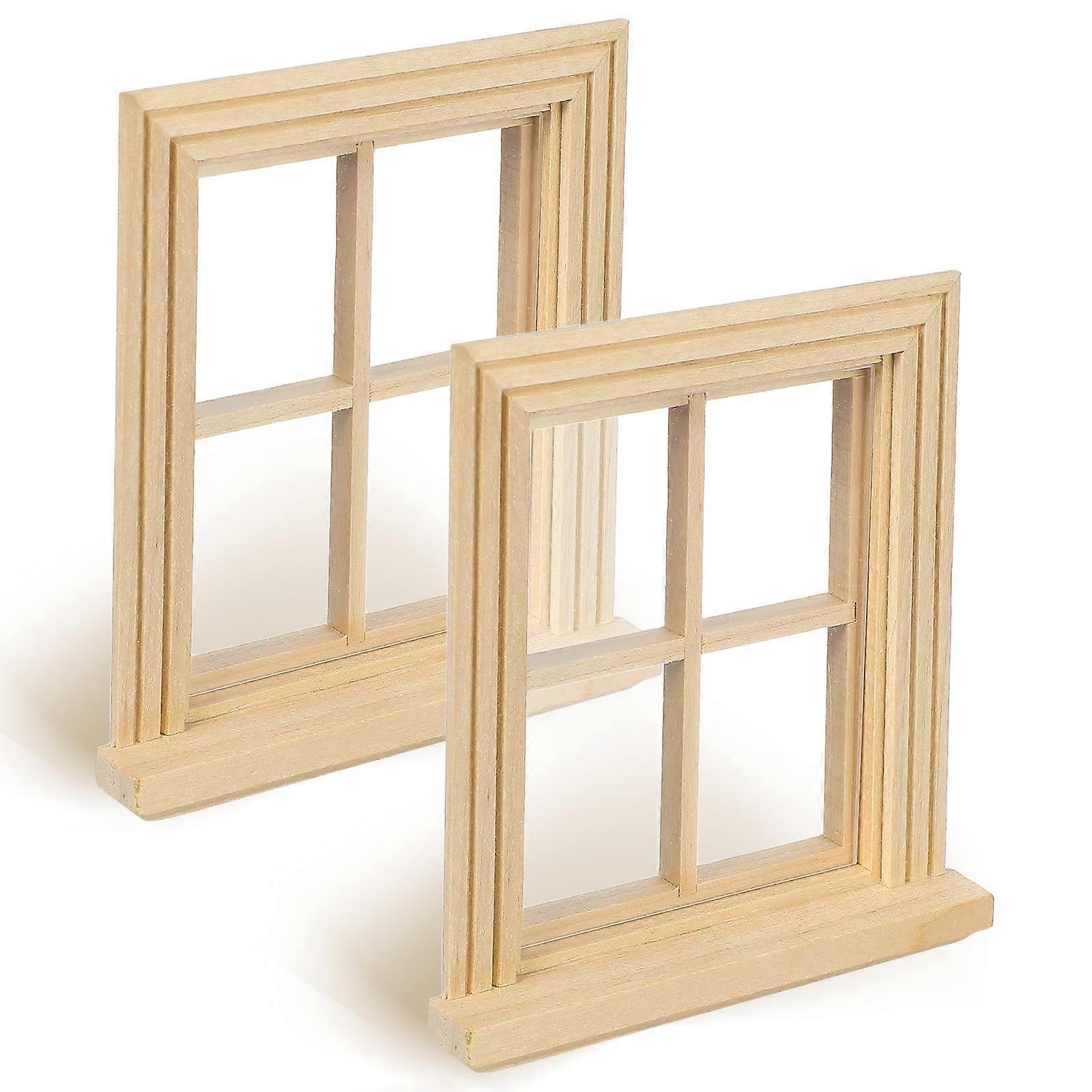 Rustic Style Doll House Window Frames for Decor Made of Synthetic Material Beige Color 2 Pcs