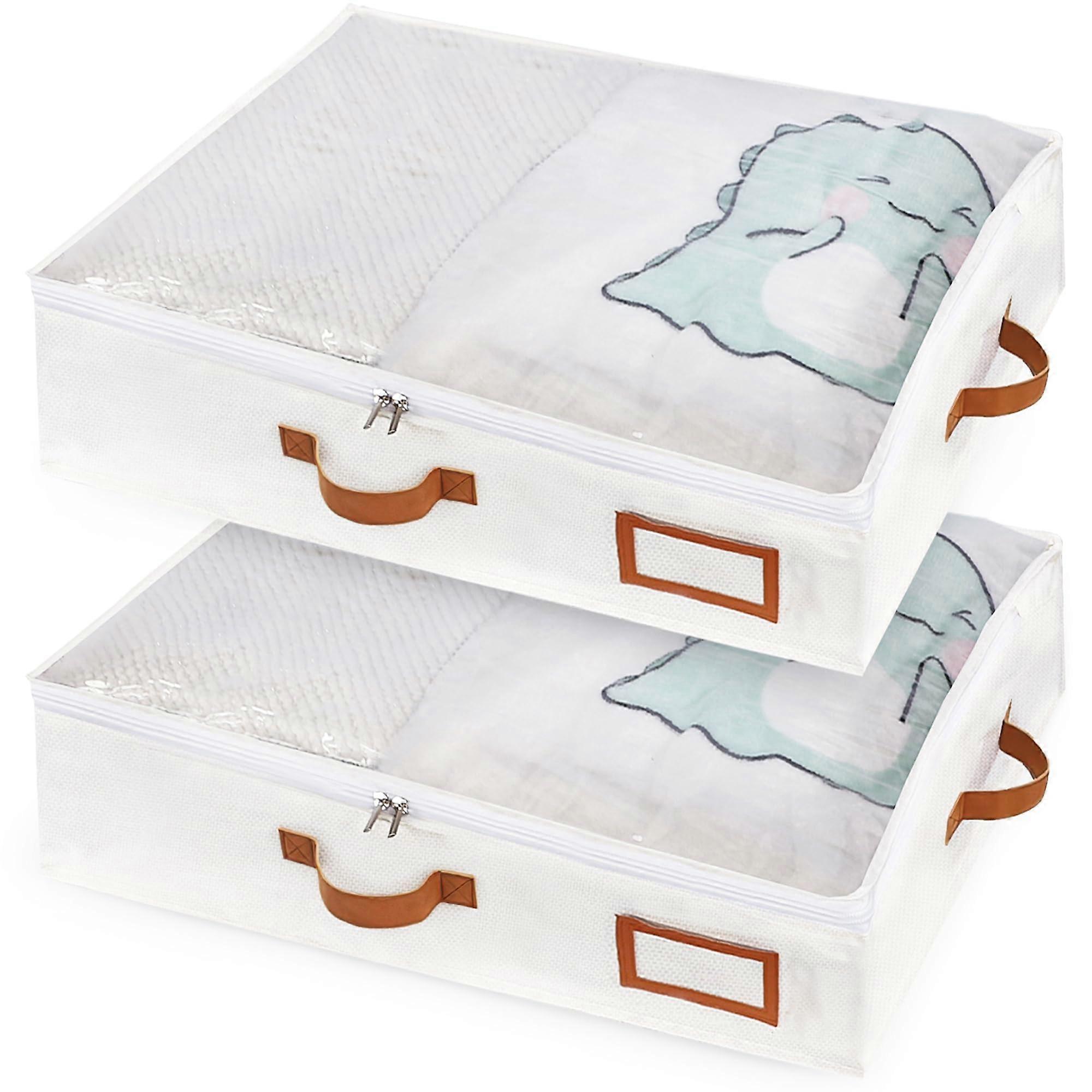 Waterproof Underbed Storage Box with Transparent Lid, Leather Handles, Foldable Bag for Clothes, Blankets, Shoes (26L) Beige 26L