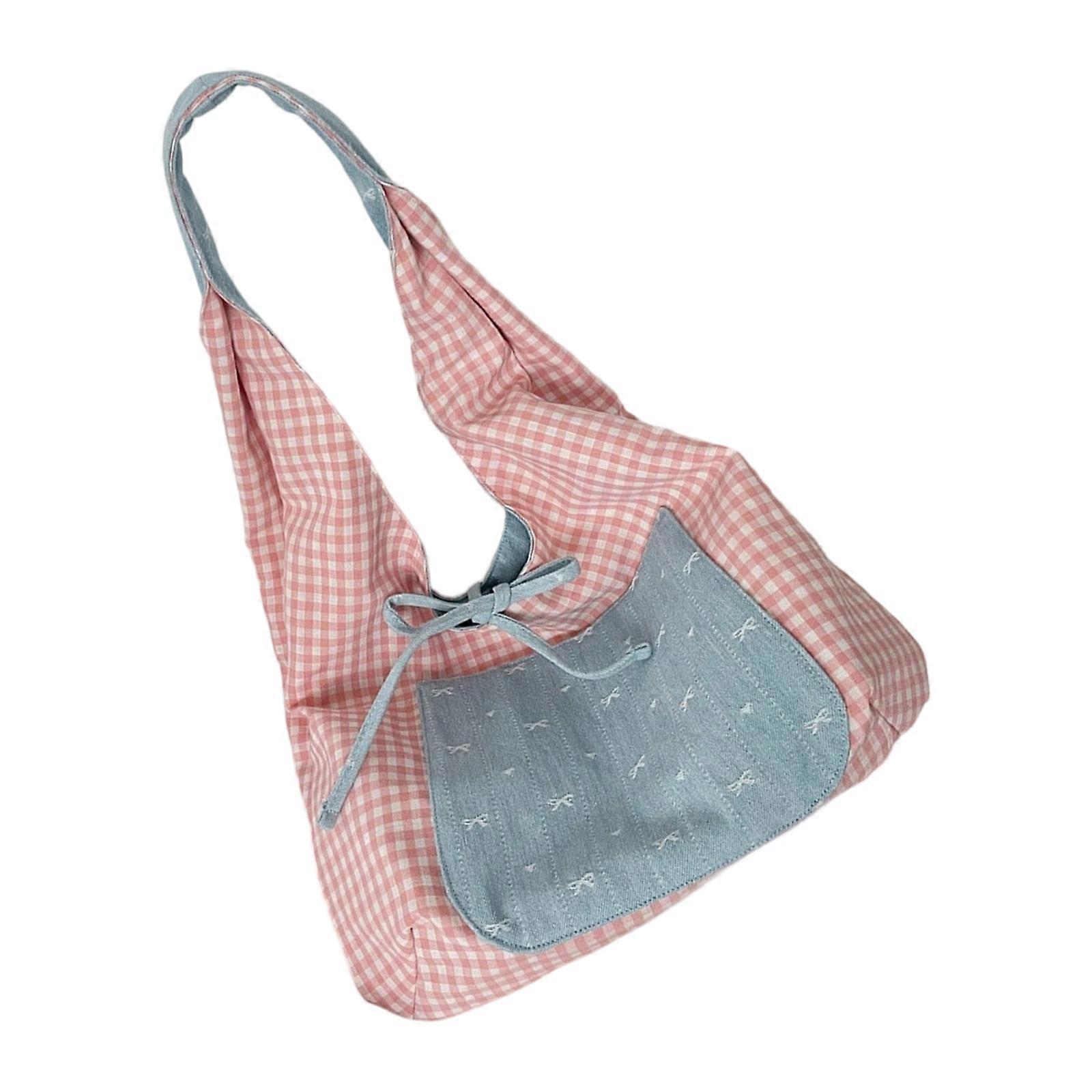 Korean Style Color Blocking Large Capacity Bowknot Underarm Bag Practical Polyester Shoulder Purse for Women  Light blue