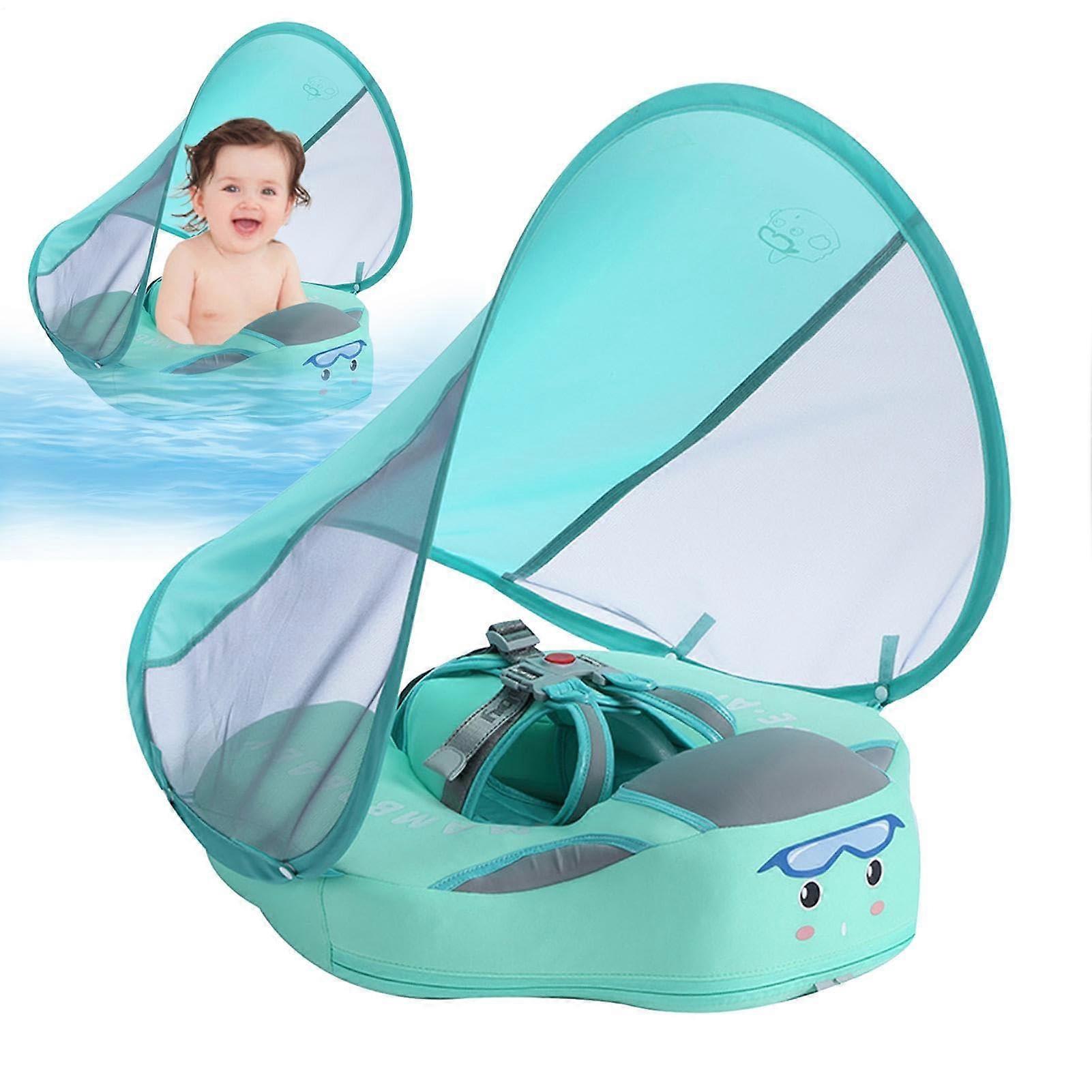Baby Swimming Ring, No Inflation Required, Baby Swimming Ring with Sun Canopy, Removable, Swimming Trainer Float, for Ages 636 Months, Green