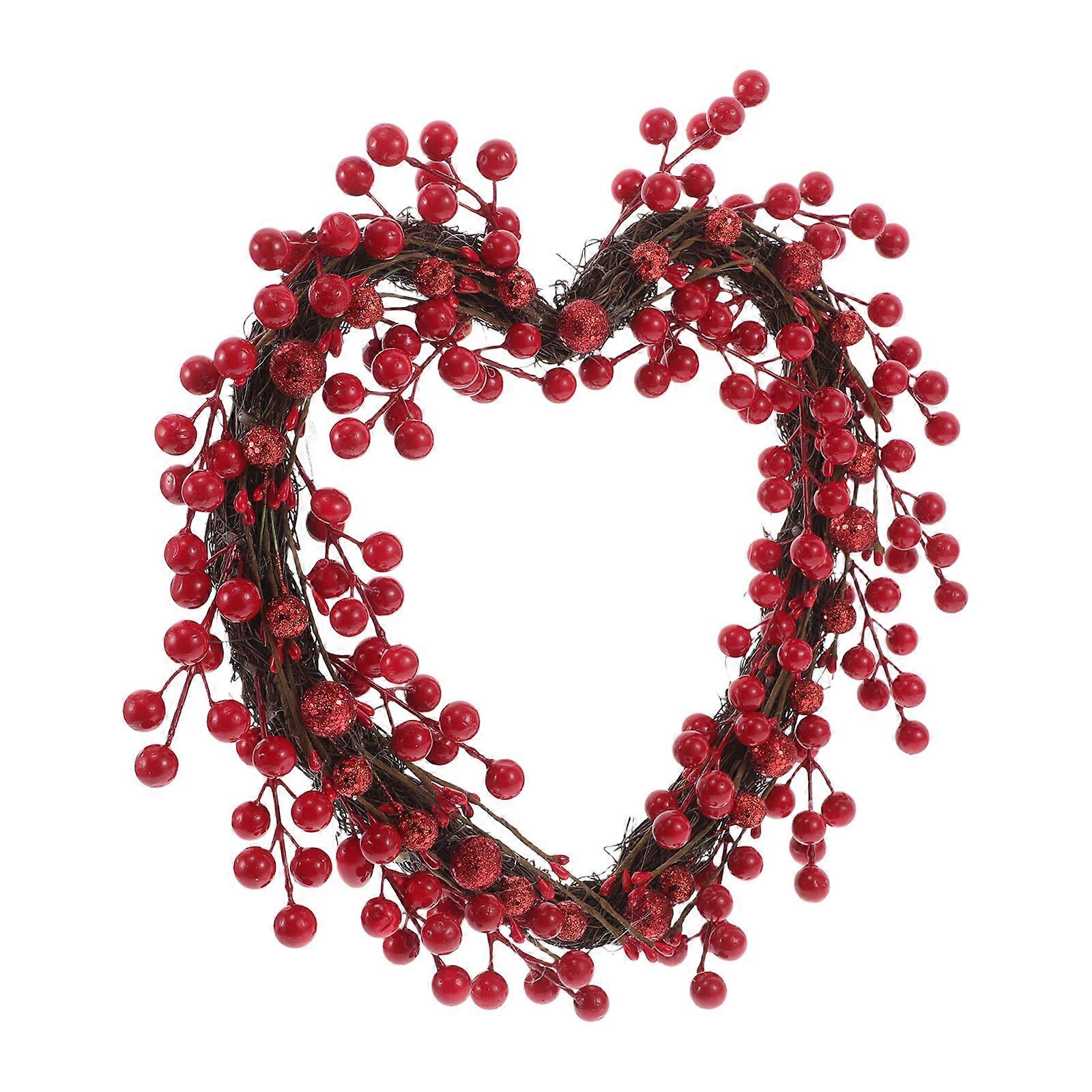 Heart Shaped Valentine Wreath with Red Berries for Front Door Decor Elegant and Foam 24 inches