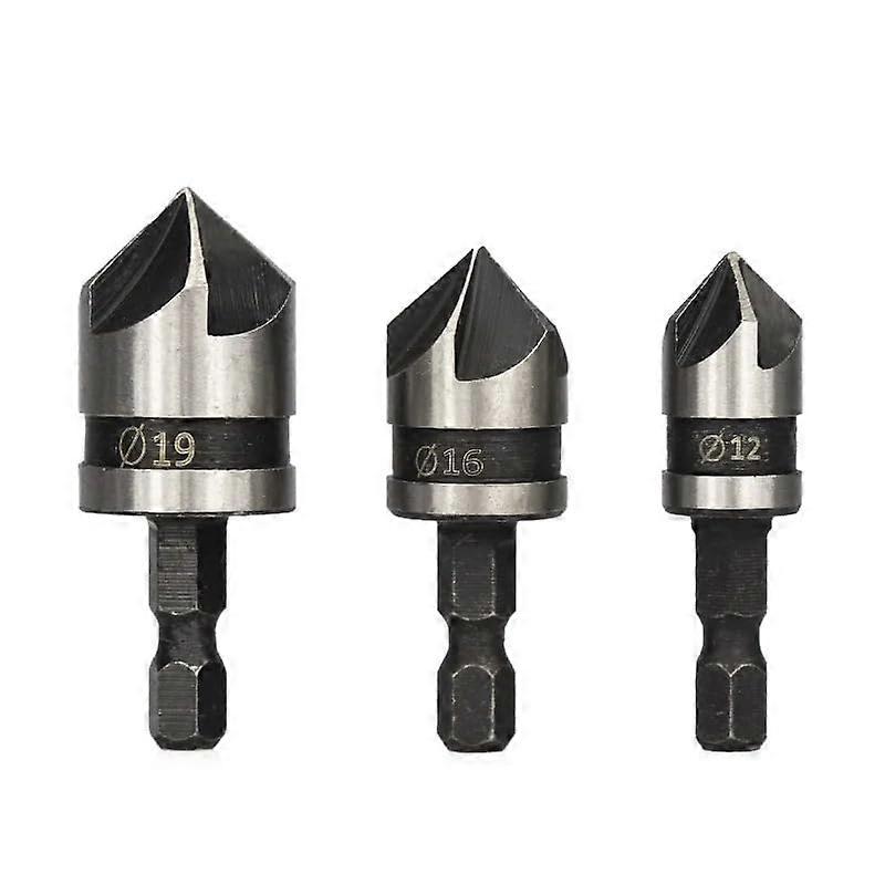 82 Degree Countersink Drill Bit Set 12/16/19mm 5 Flute Chamfer Cutter for Woodworking
