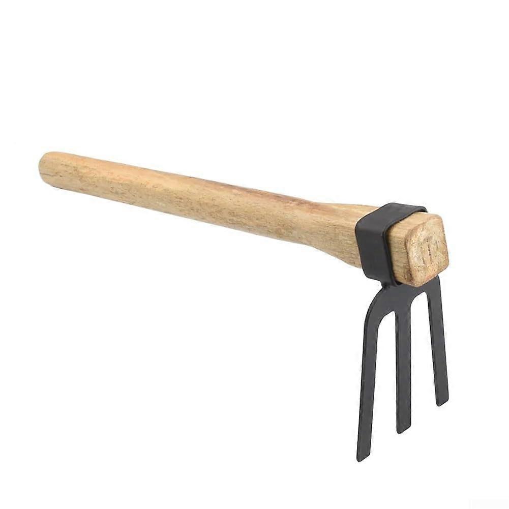 Hoe garden tool with wooden handle and metal head for weeding and cultivating