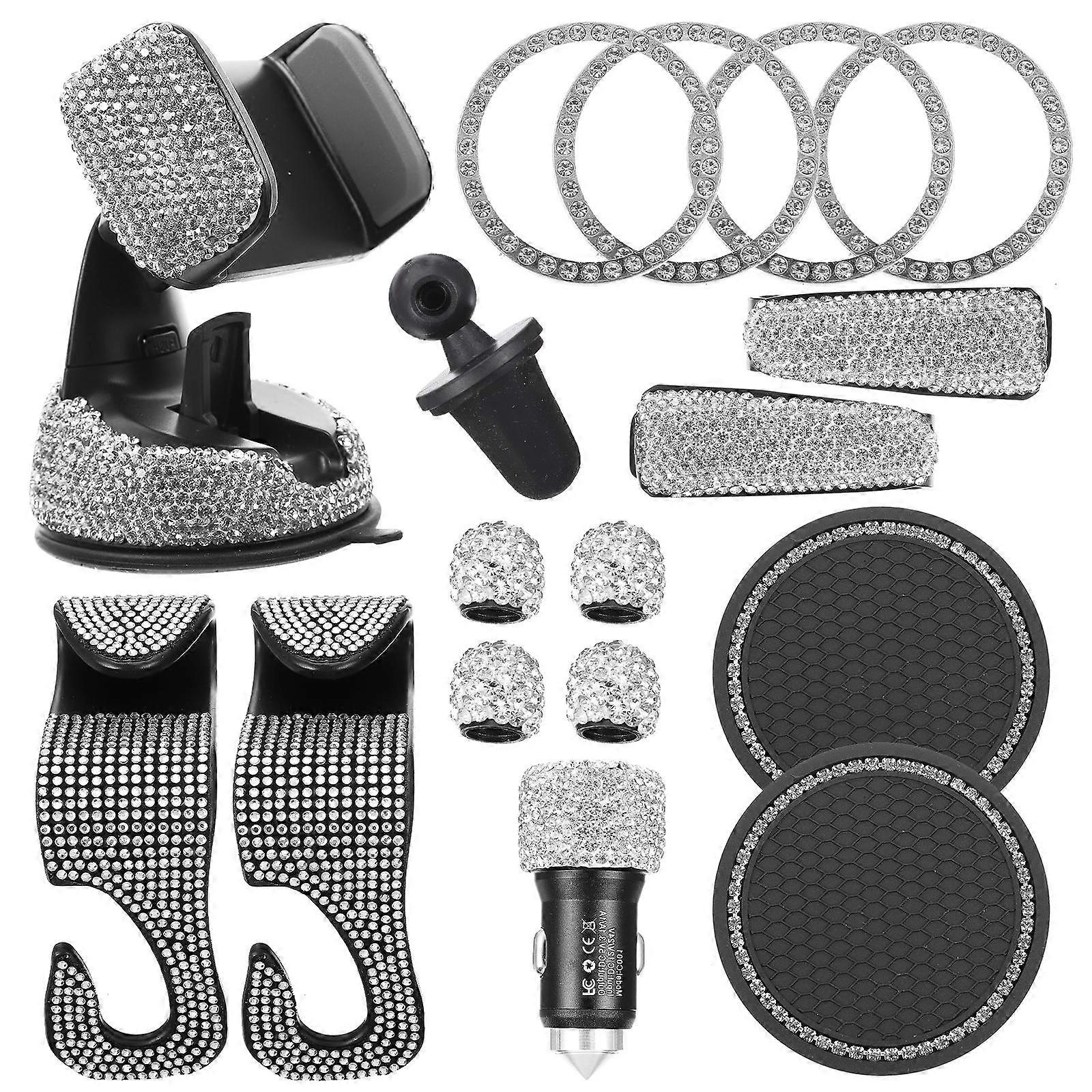 Car Accessories Set Ignition Button Ring Coaster Phone Mount Kit For Women Featuring Elegant White ABS Material And Rotatable Function 1 Set
