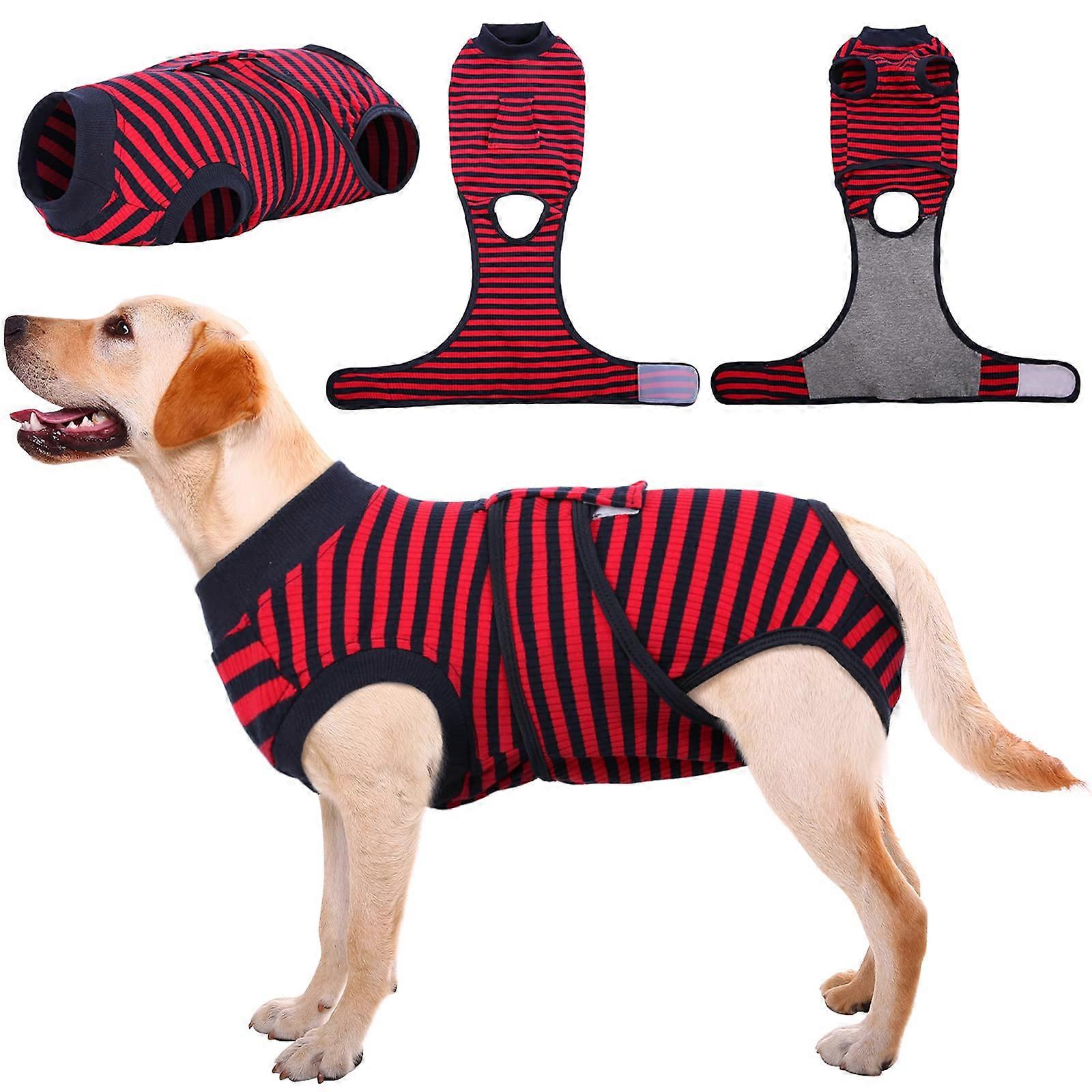 Striped Recovery Suit for Dogs and Cats After Surgery Soft Breathable E Collar Alternative Size L Red Striped