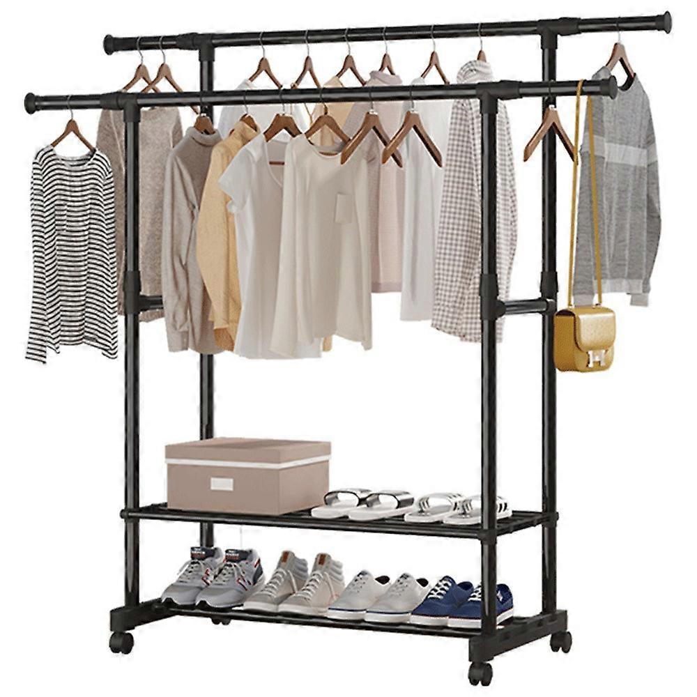 Clothes Drying Rack with 2 Layers Shelf Adjustable Height Floor Standing Extendable Double Rod Hanger with Wheels