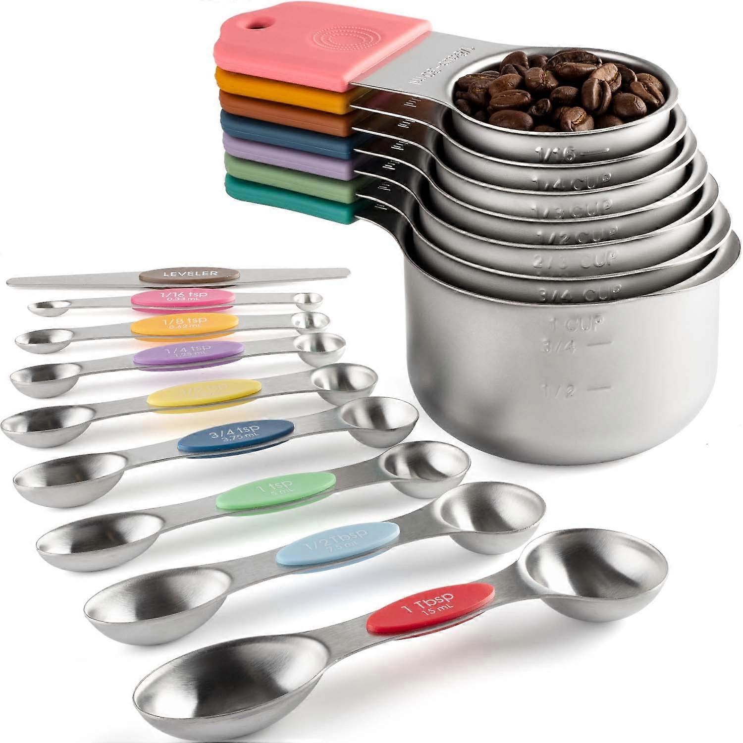 Magnetic Measuring Cups and Spoons Set with 7 Cups, 8 Spoons, 1 Leveler (Black)
