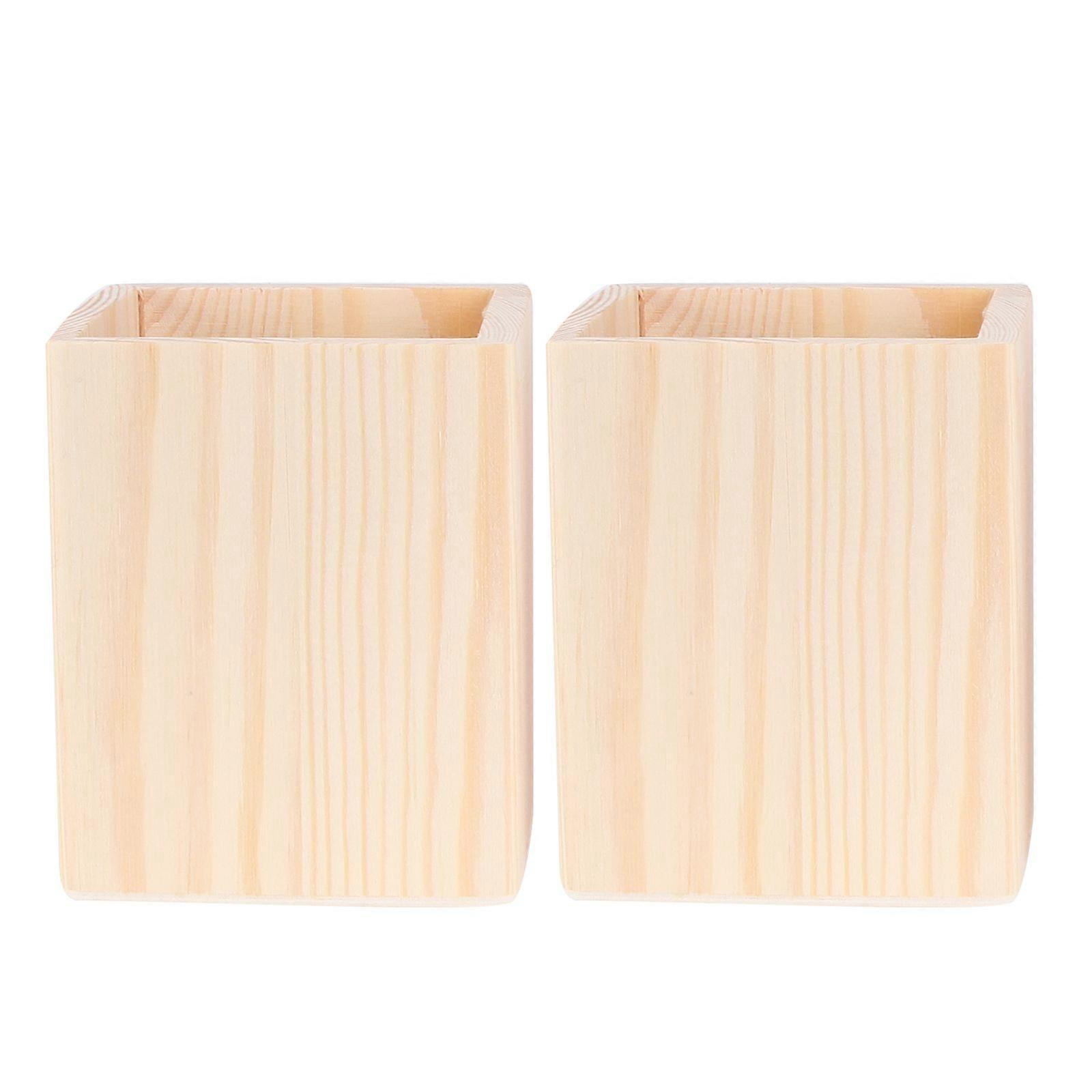 2 Pcs Single Compartments Wooden Container Pen Holder Office Organizer Unfinished Solid Color Case Pot for Home Office DIY Graffiti Random Style(Squar