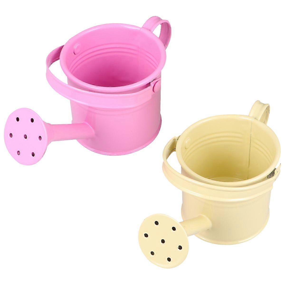2pcs Creative Watering Tin Simple Watering Pot Durable Iron Sprinkling Kettle Portable Can for Garden Home Plants Flower (Beige and Pink)