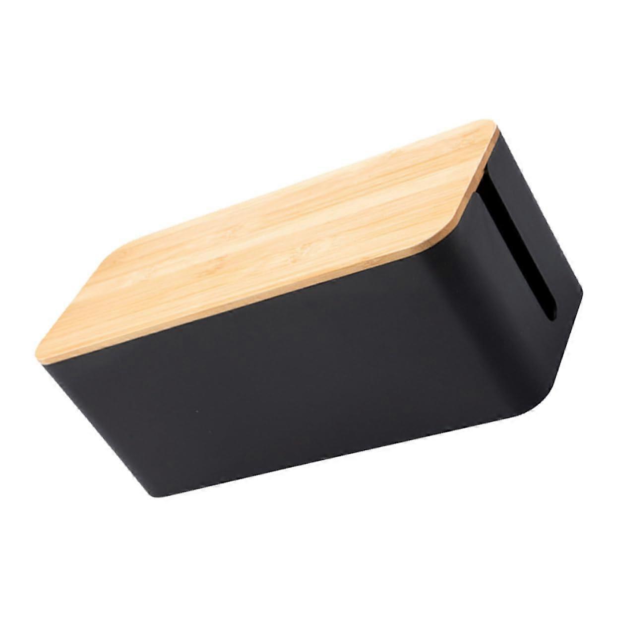 Cable management box with wooden appearance, mediumsized desk organizer