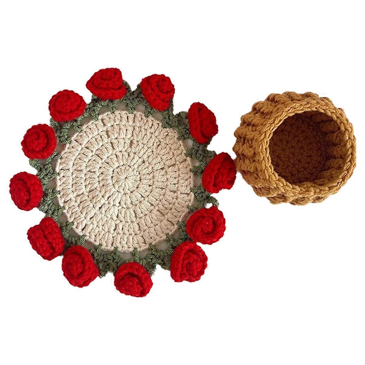 Rose Bouquet Coaster Crochet Flower Placemat with Basket A