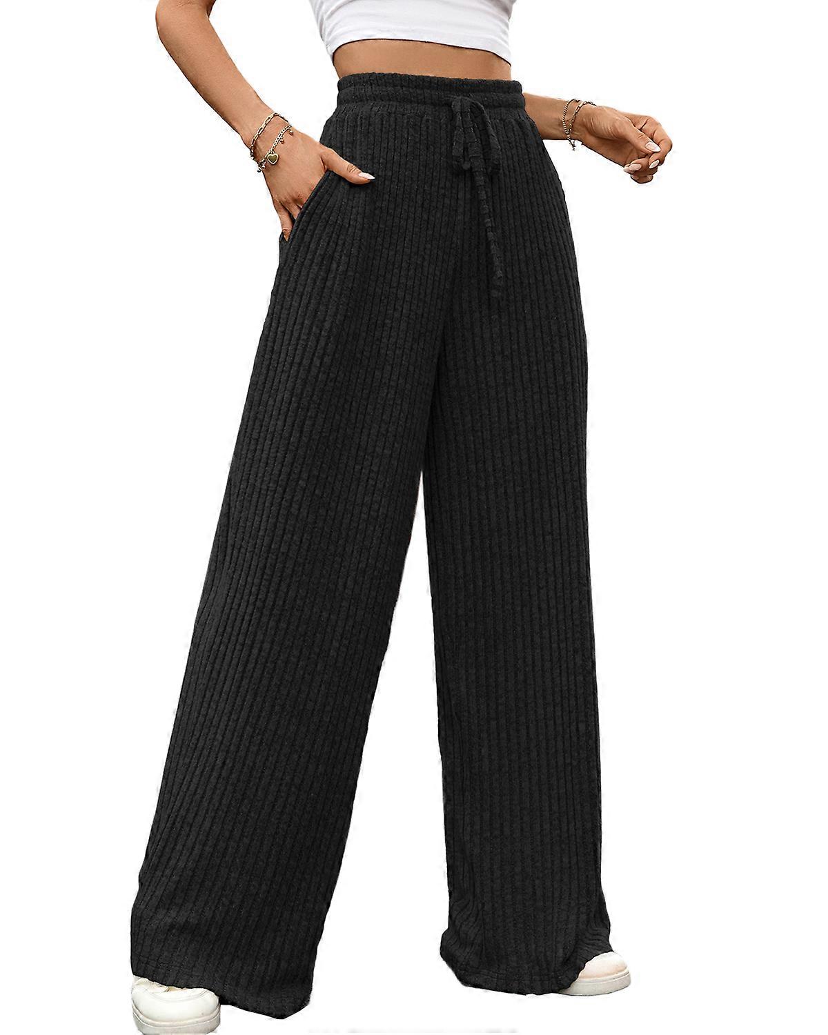 Women High Waist Wide Leg Lounge Pants Ribbed Knit Drawstring Loose Trousers Comfy Sweatpants