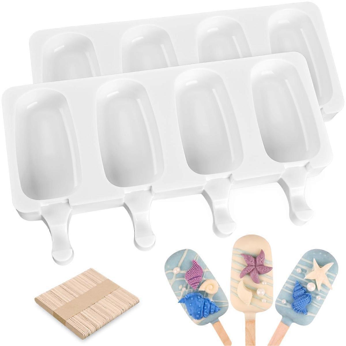 2 Pack Homemade Popsicle Silicone Molds, 4 Cavities Large Cake Molds with 100 Wooden Sticks for Ice Cream