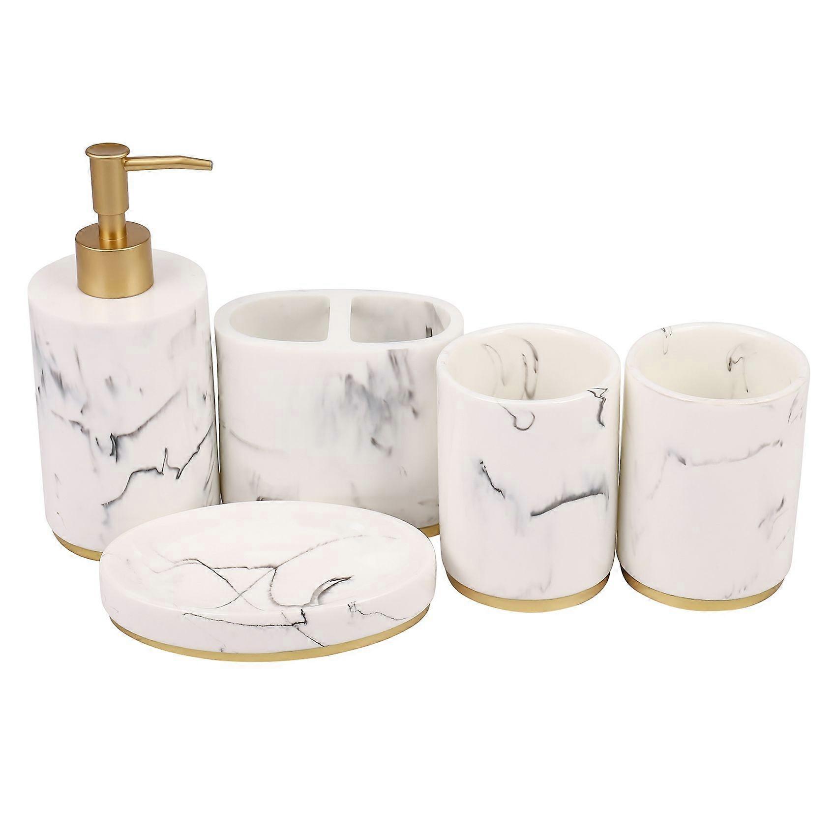 Bathroom Accessories Set, 5 Pieces Bath Ensemble, Bath Set Collection Marble Pattern Soap Dispenser