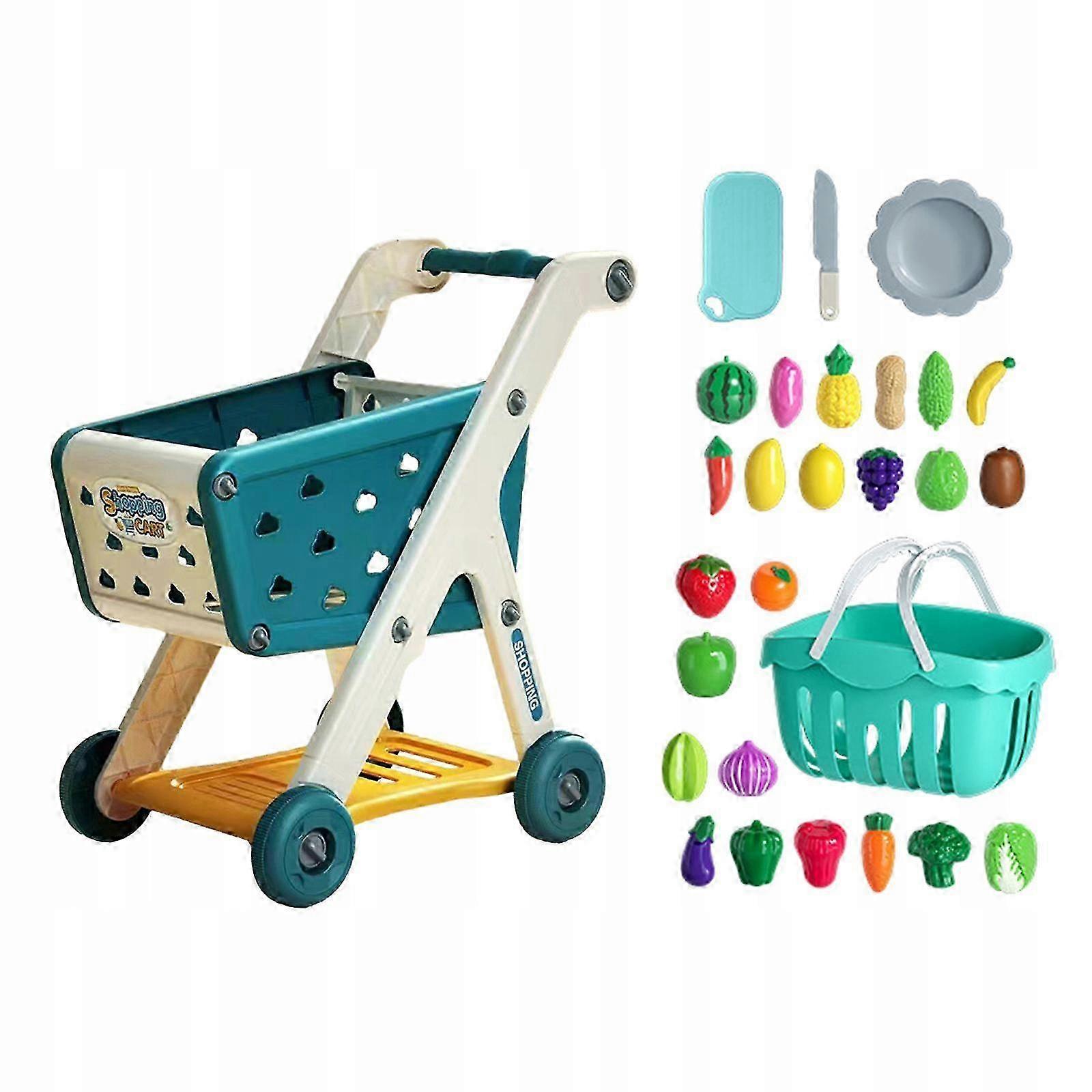 Kids Shopping Cart Trolley Set With Pretend Play Accessory Realistic Blue