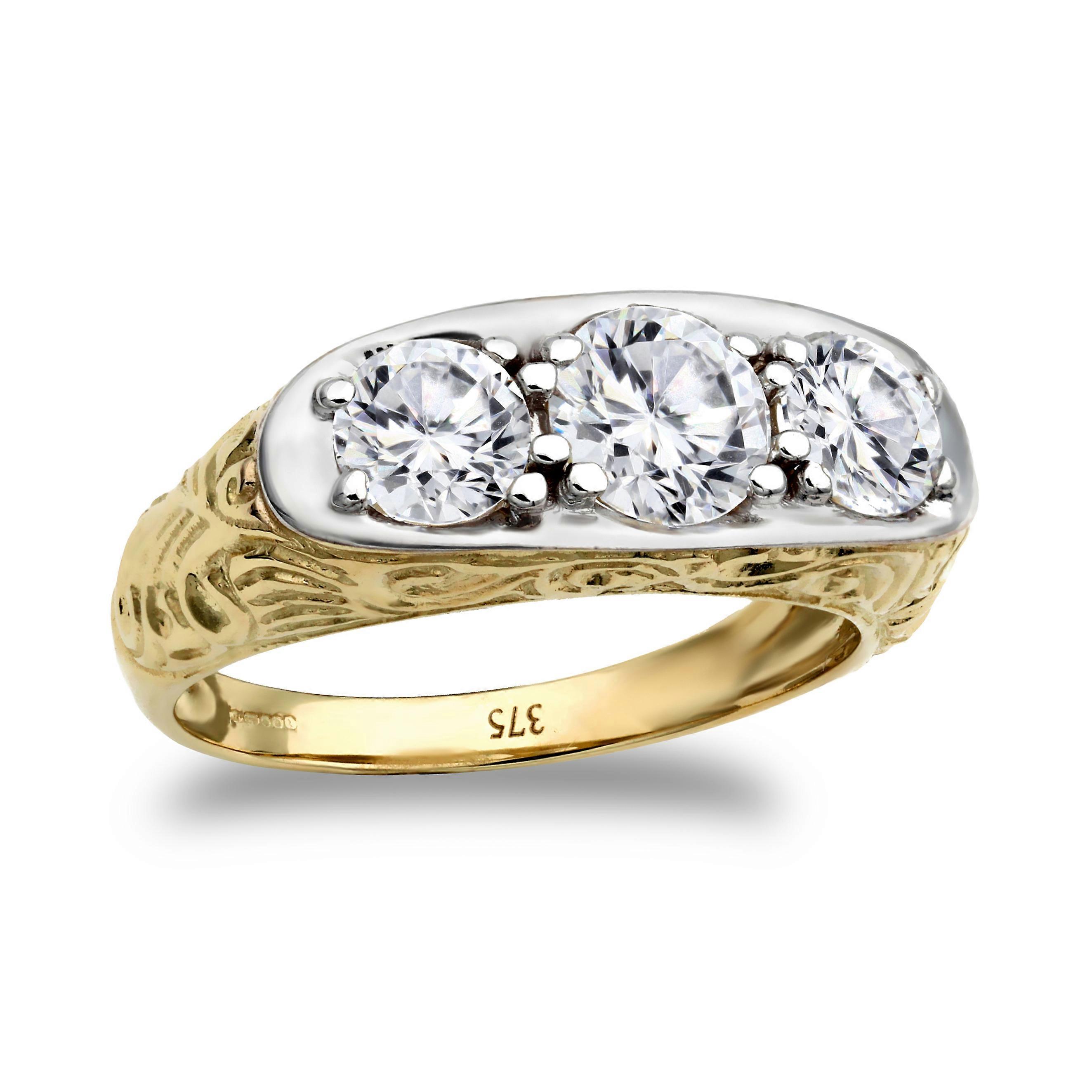 Jewelco London Men's 9ct Yellow and White Gold White Round Cubic Zirconia 3 Stone Trilogy Carved Gypsy Ring