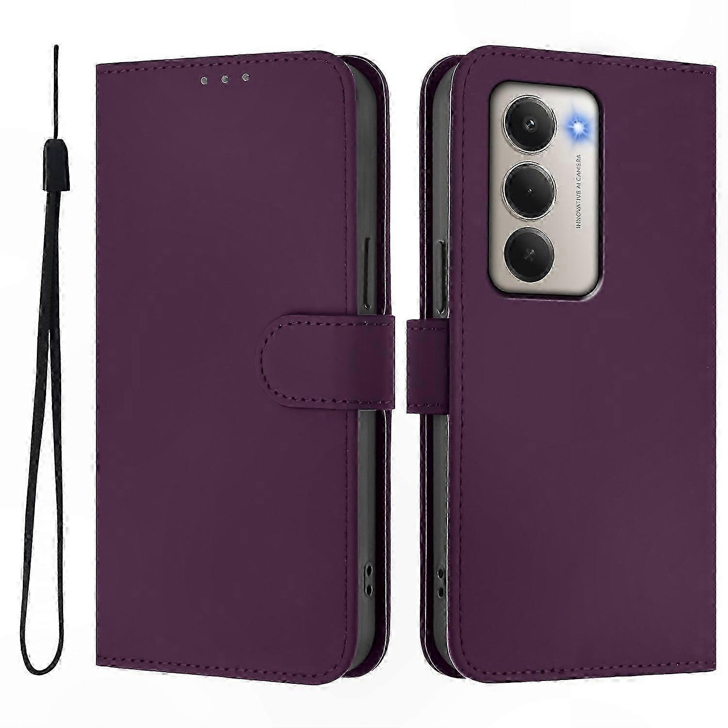 Solid Color Wallet Leather Phone Case with Strap for 5G Smartphones