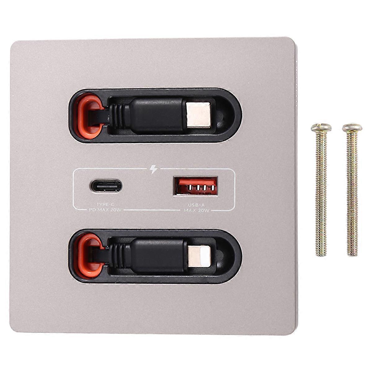 12w Universal Wall Panel Socket with Usb-A Usb-C Retractable Charging Cable, Mobile Phone Tablet Ch