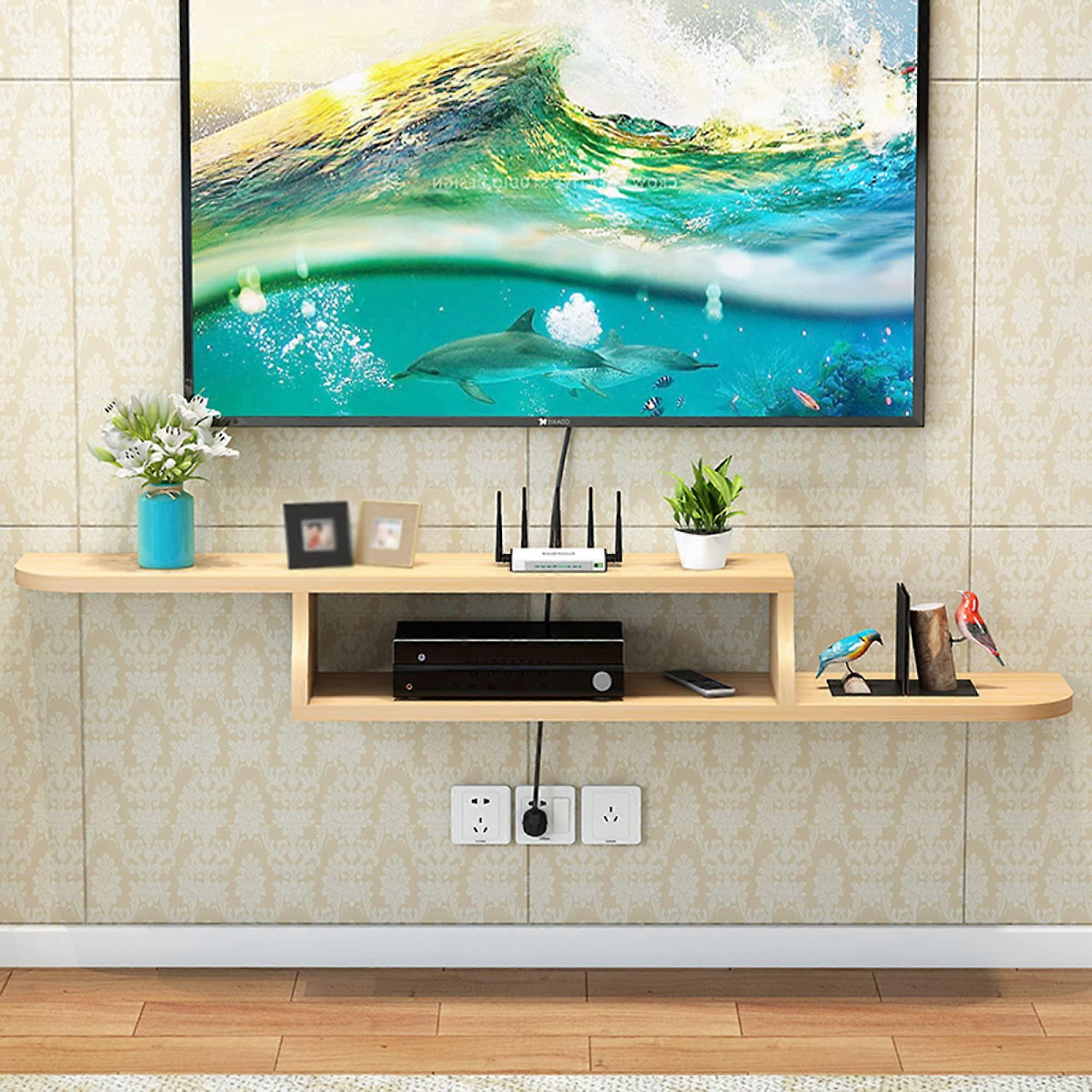Floating TV Stand Cabinet, Solid Wood, 120 cm, Wood Color, WiFi Router and Set Box Storage, Living Room/Bedroom