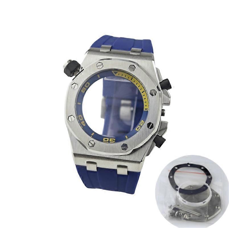Watch Modification Accessories 42mm DIY Chronograph Case Quartz Water-Resistant for APP Farmhouse Oak VK64 Movement(Blue and Yellow Bezel+Blue Strap)