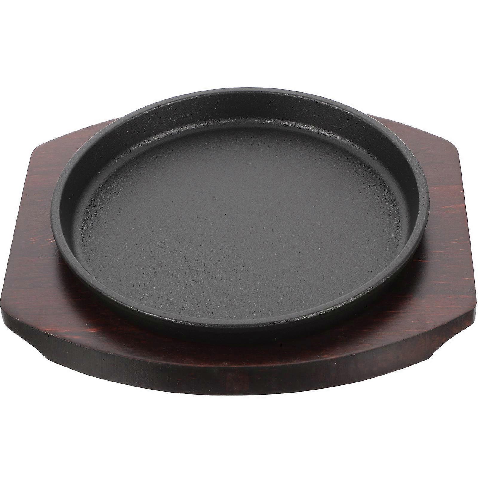 Cast Iron Serving Plate Round Steak Tray with Wooden Tray for Home Cooks Roasting 1 Set
