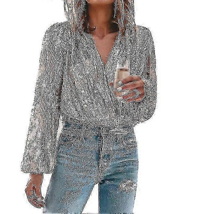 Donne paillettes Sparkle V scollo camicia a maniche lunghe per partito