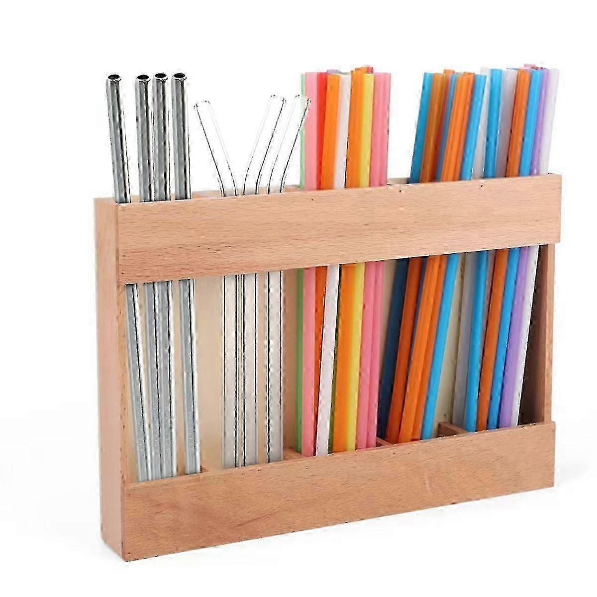 Eco-Friendly Wooden Reusable Straw Dispenser Organizer with No Drill Installation for Countertop Storage