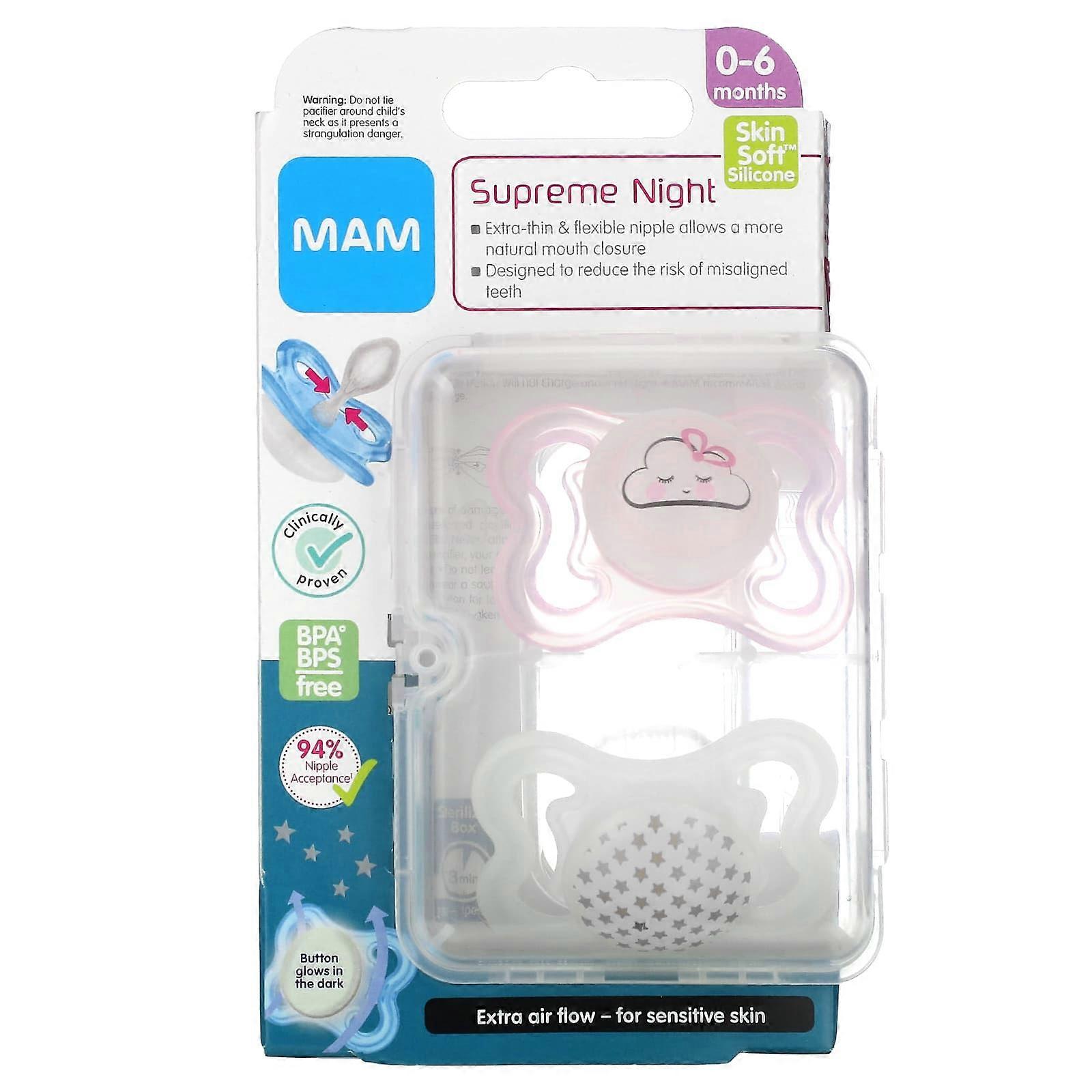 Supreme Night Pacifier, 0-6 Months, Pink/Clear, 2 Count